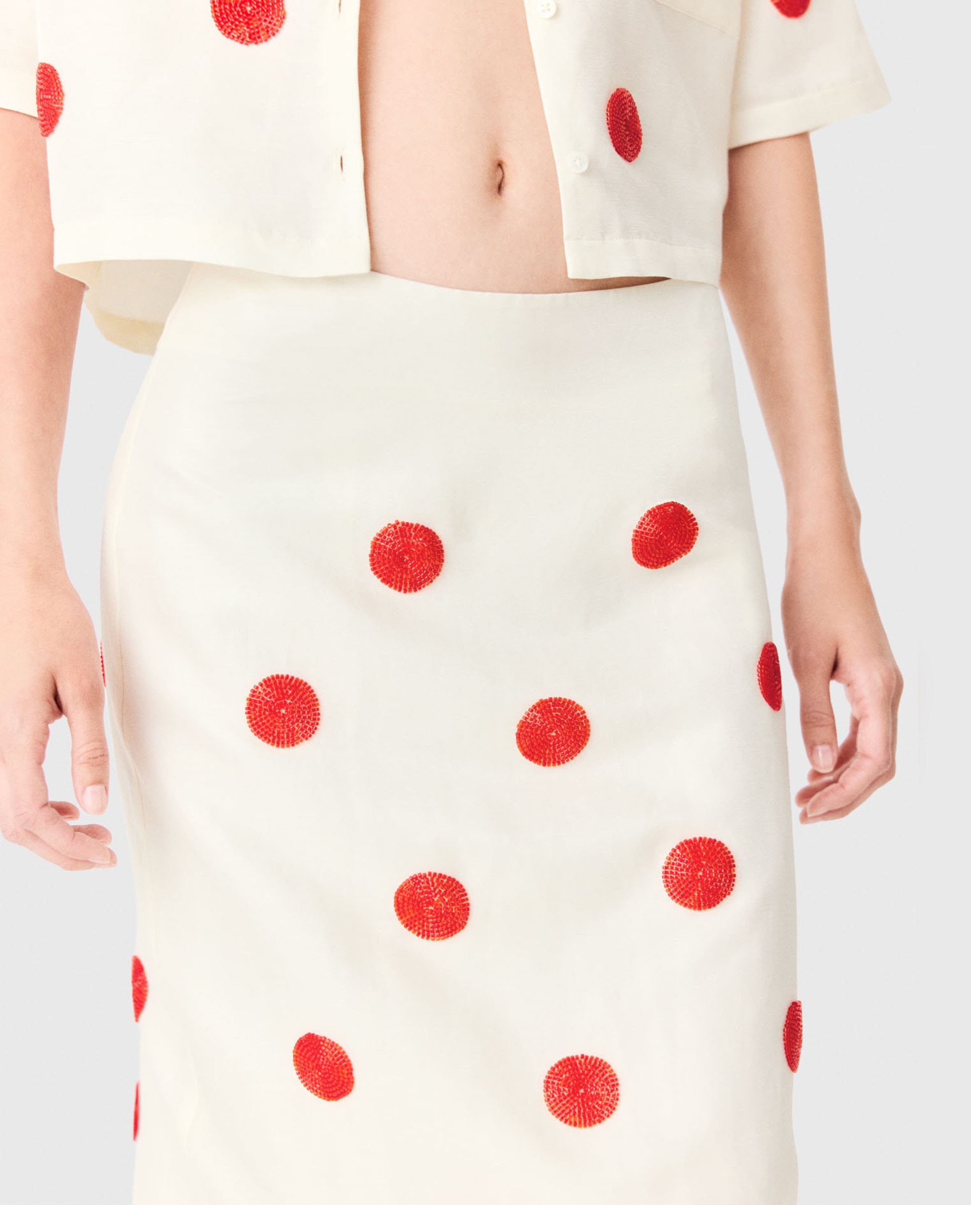 Falda midi tubo de talle alto con lunares bordados de lino y seda - Maje - Blanco Blanco-4