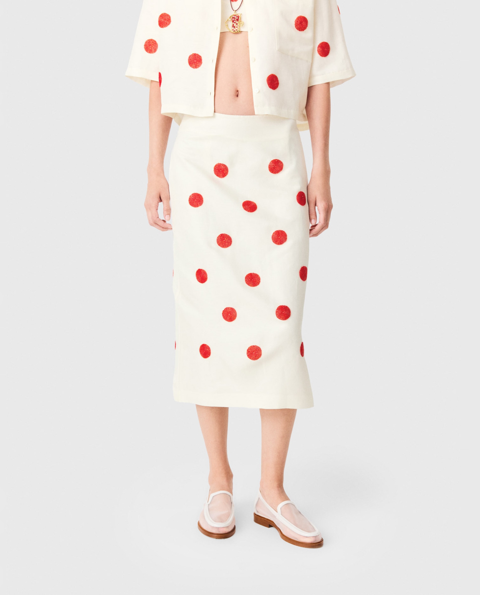 Falda midi tubo de talle alto con lunares bordados de lino y seda - Maje - Blanco Blanco-5