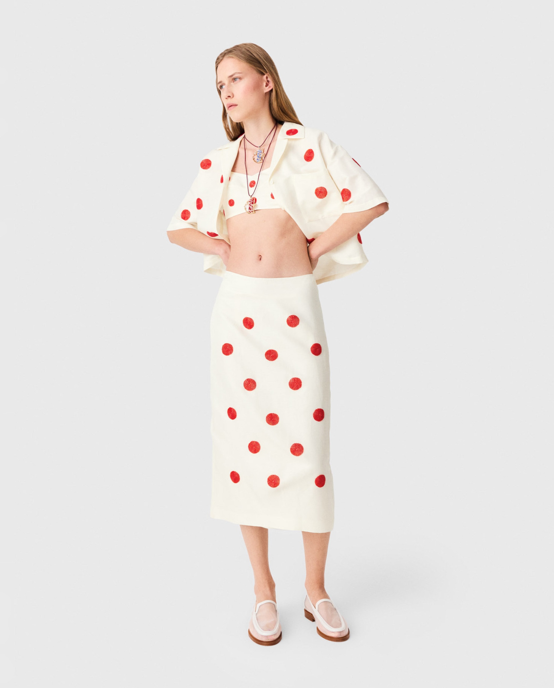 Falda midi tubo de talle alto con lunares bordados de lino y seda - Maje - Blanco Blanco-6