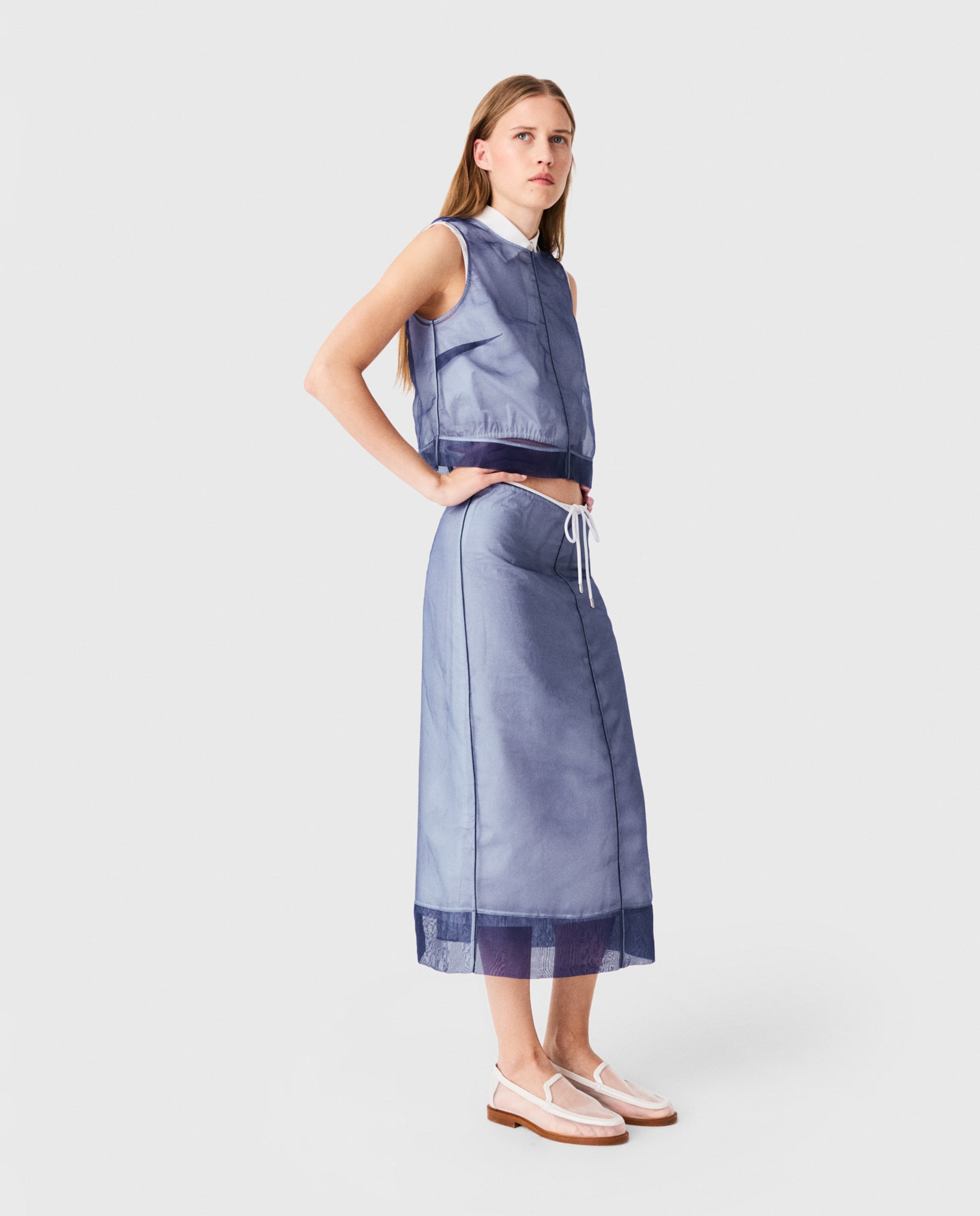 Falda midi de algodón con organza desmontable - Maje - Azul Azul-3