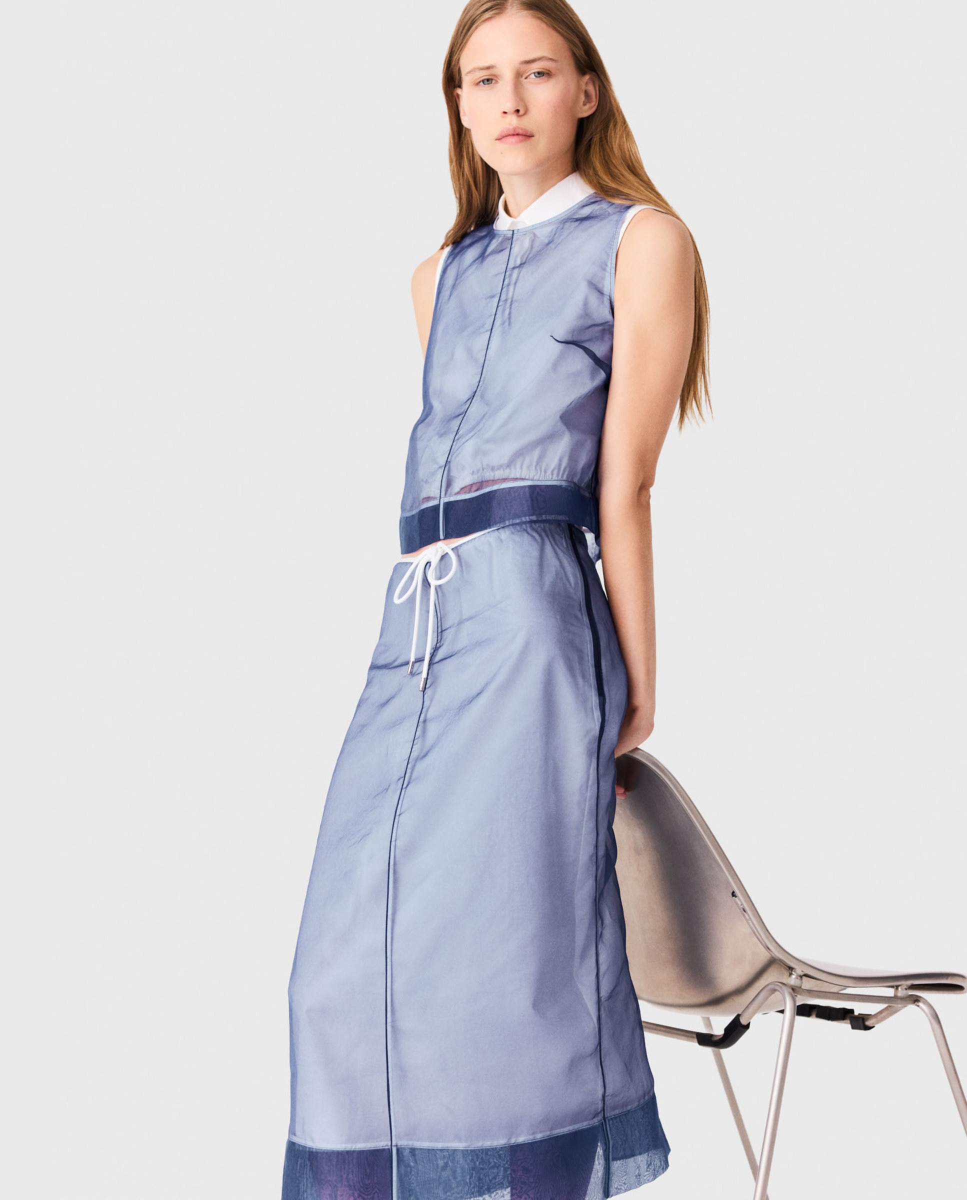 Falda midi de algodón con organza desmontable - Maje - Azul Azul-5