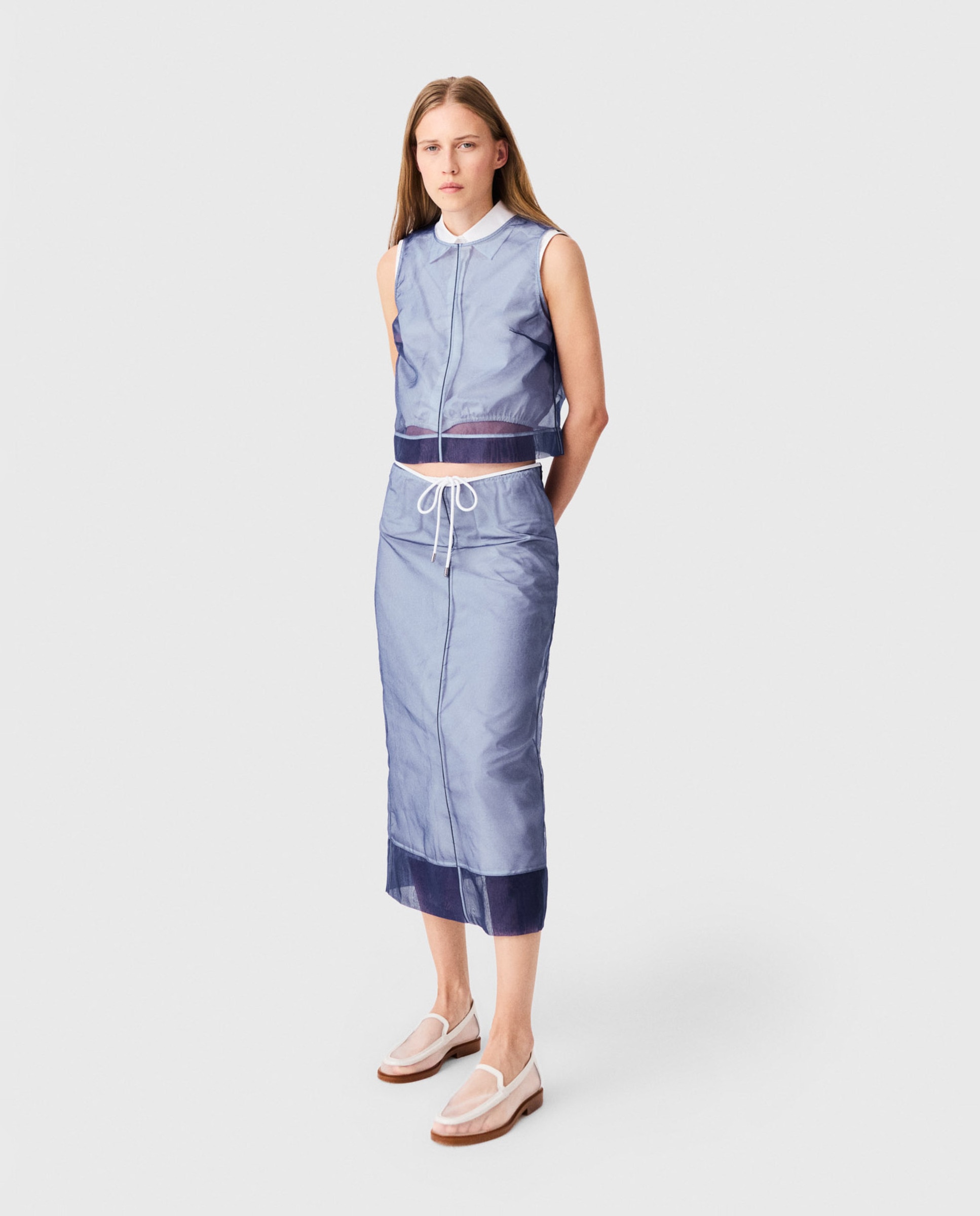 Falda midi de algodón con organza desmontable - Maje - Azul Azul-6