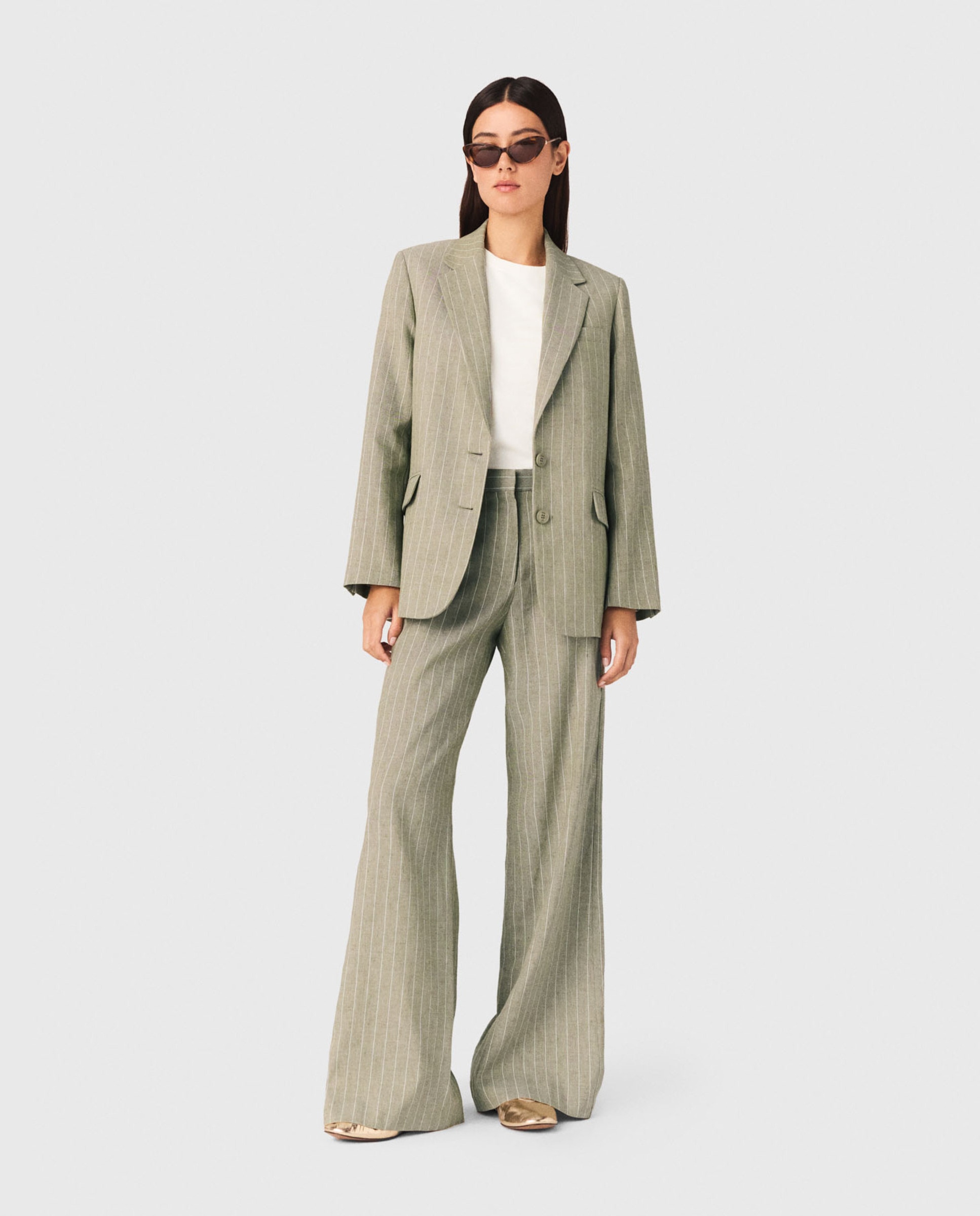 Maje - Pantalones anchos de mujer de rayas finas con lino y algodón.