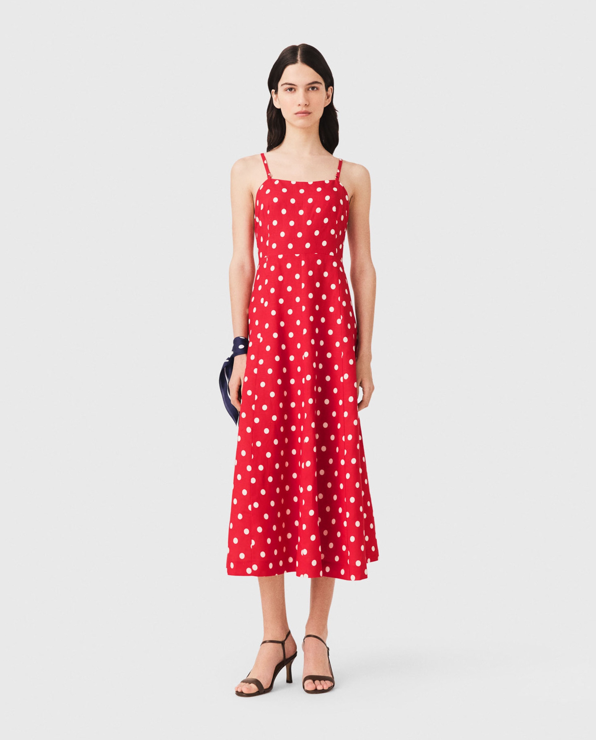 Vestido midi de lunares con lino y espalda descubierta - Maje - Rojo Rojo-1