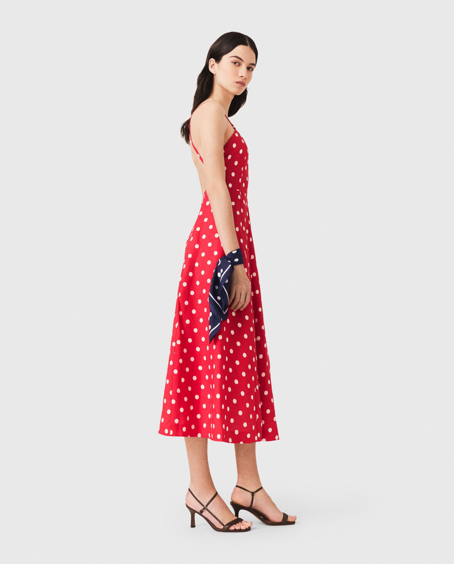 Vestido midi de lunares con lino y espalda descubierta - Maje - Rojo Rojo-2