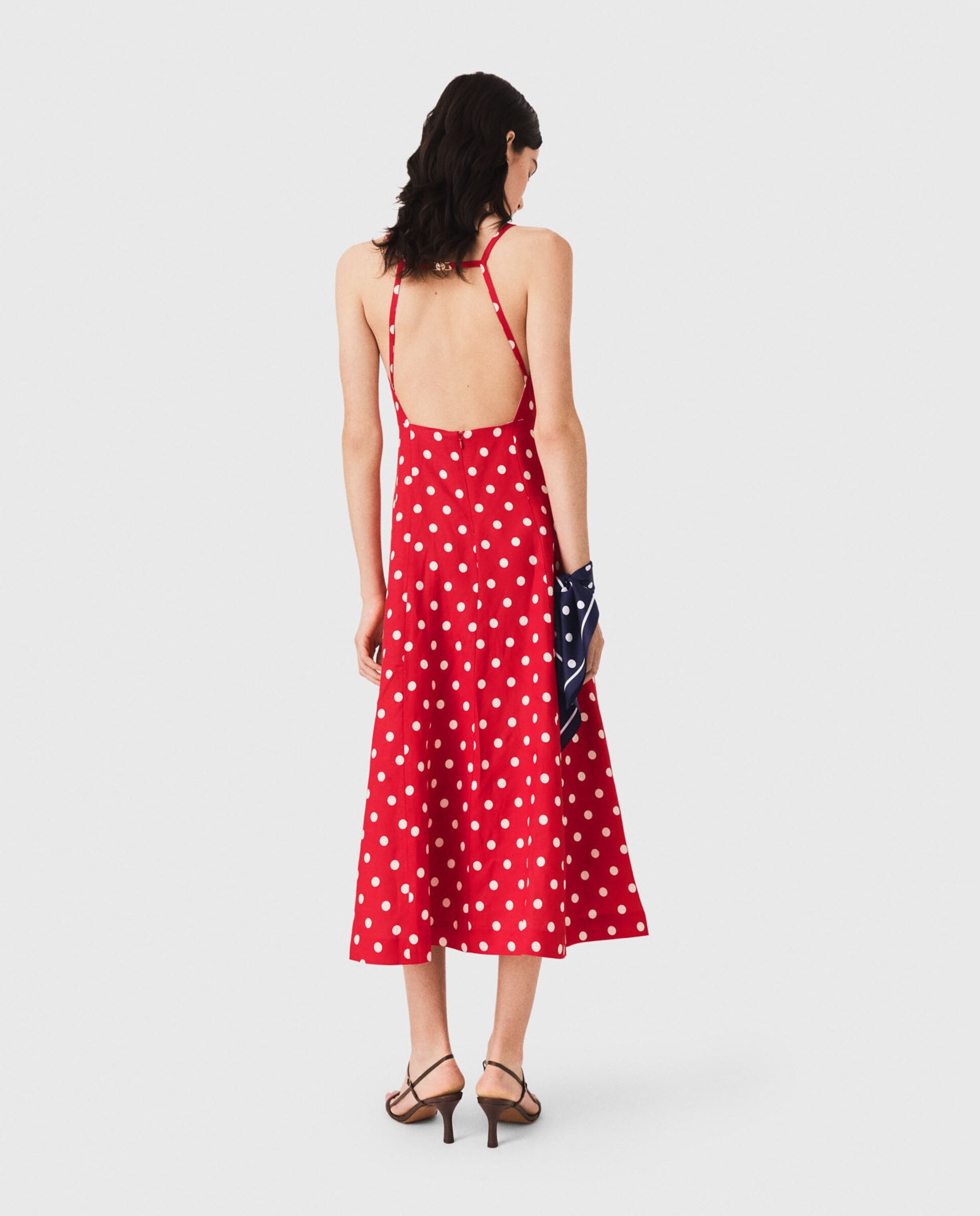 Vestido midi de lunares con lino y espalda descubierta - Maje - Rojo Rojo-3