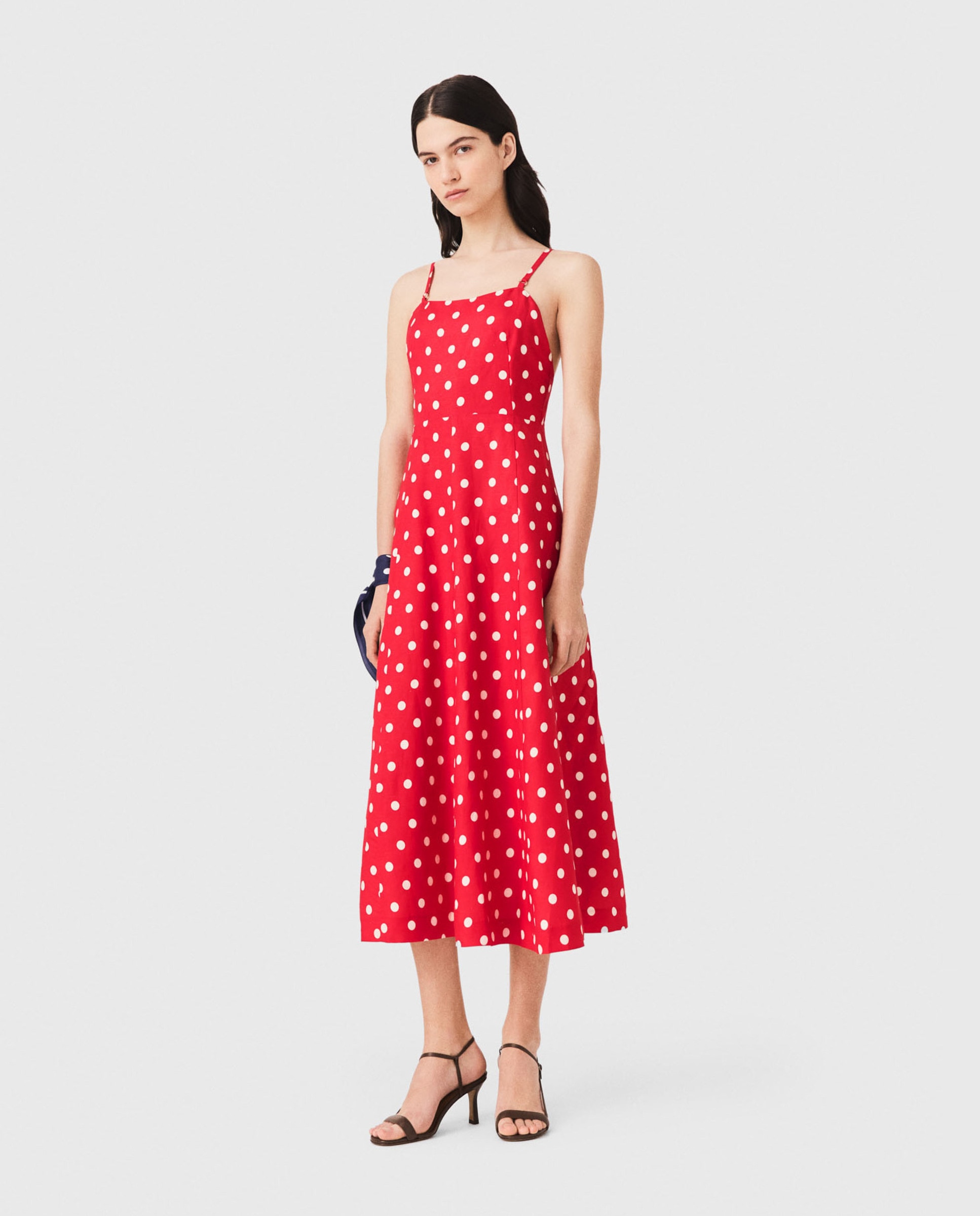 Vestido midi de lunares con lino y espalda descubierta - Maje - Rojo Rojo-4