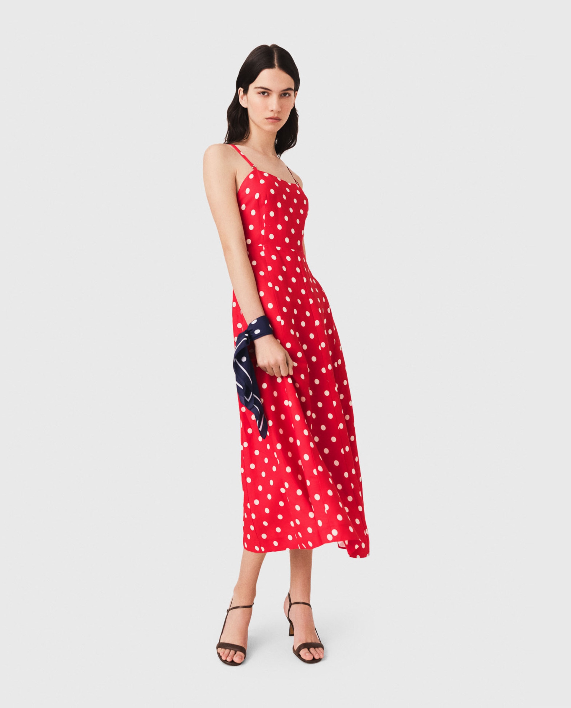 Vestido midi de lunares con lino y espalda descubierta - Maje - Rojo Rojo-5
