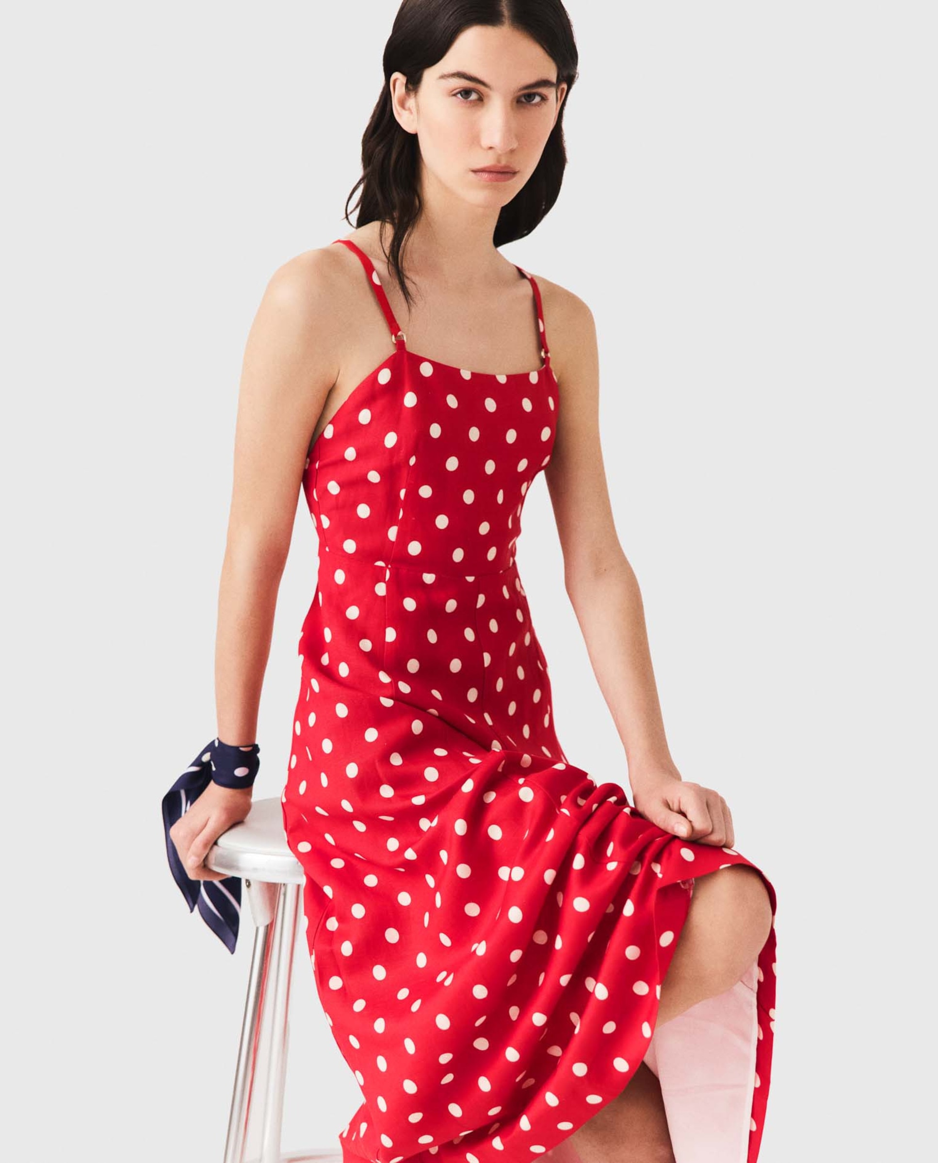 Vestido midi de lunares con lino y espalda descubierta - Maje - Rojo Rojo-6