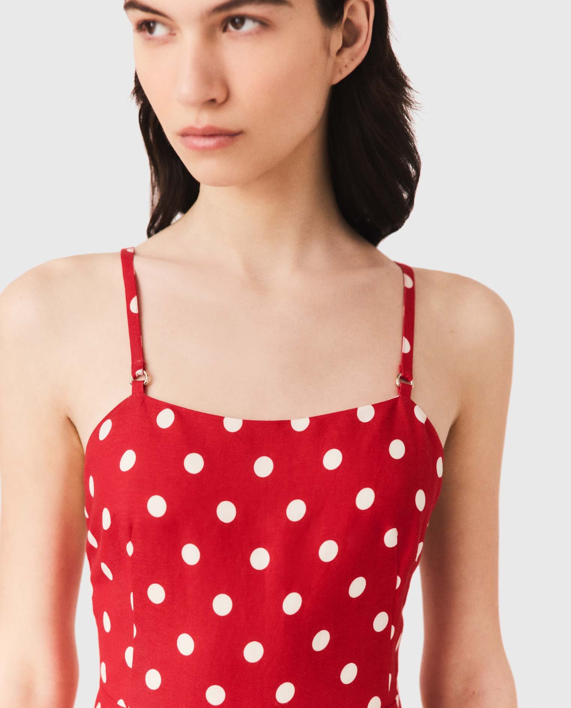 Vestido midi de lunares con lino y espalda descubierta - Maje - Rojo Rojo-8