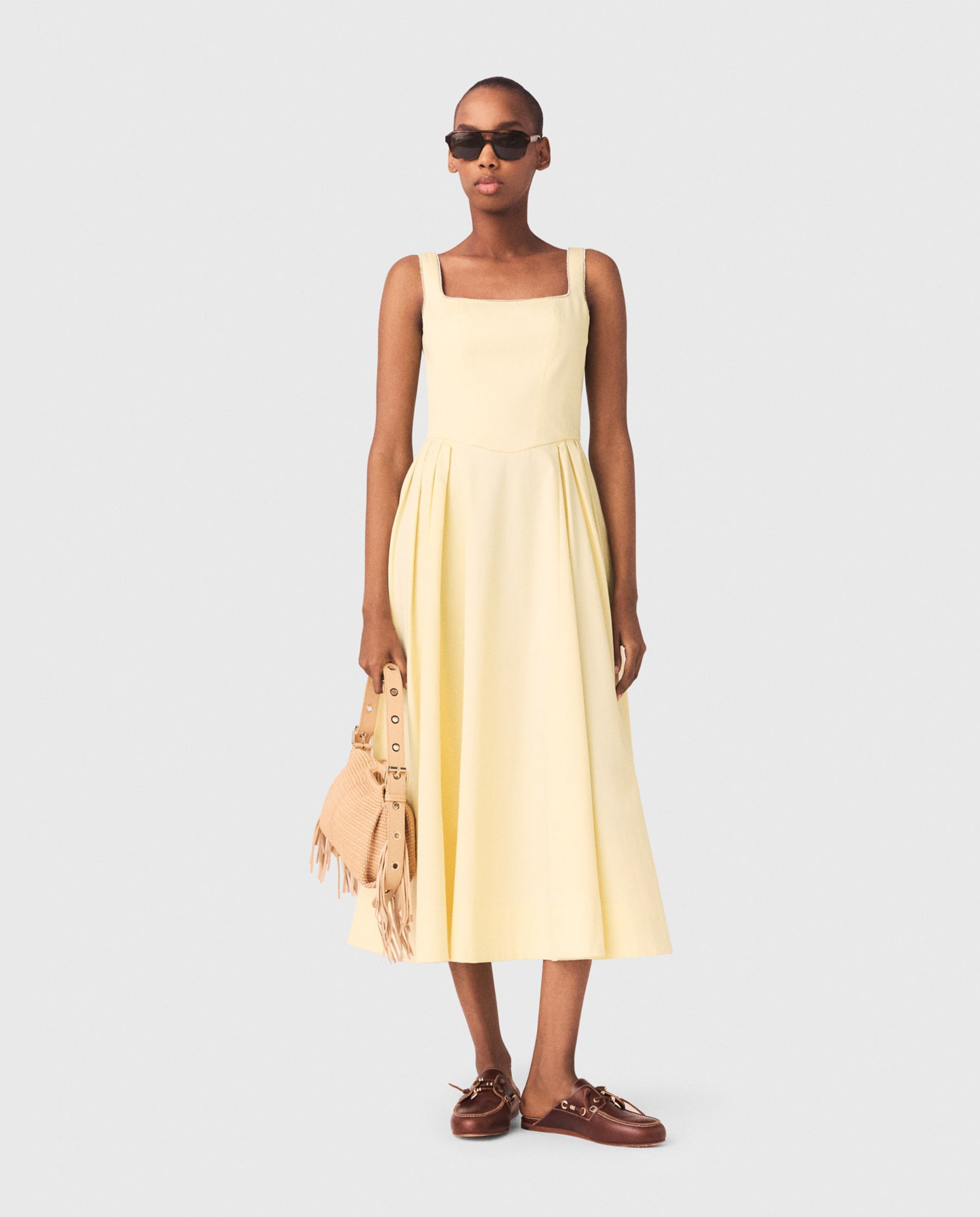 Vestido midi de algodón acampanado con strass y escote cuadrado - Maje - Amarillo Amarillo-1