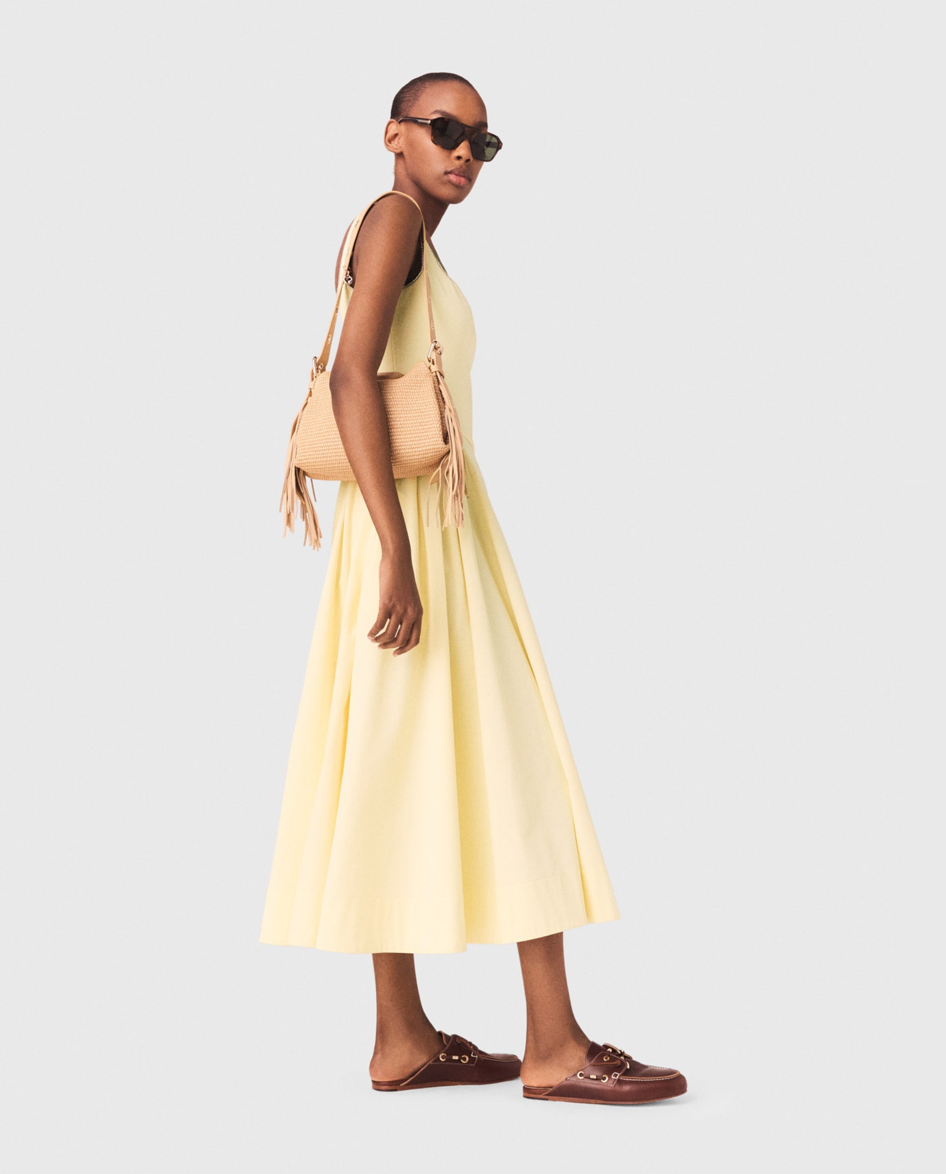 Vestido midi de algodón acampanado con strass y escote cuadrado - Maje - Amarillo Amarillo-2