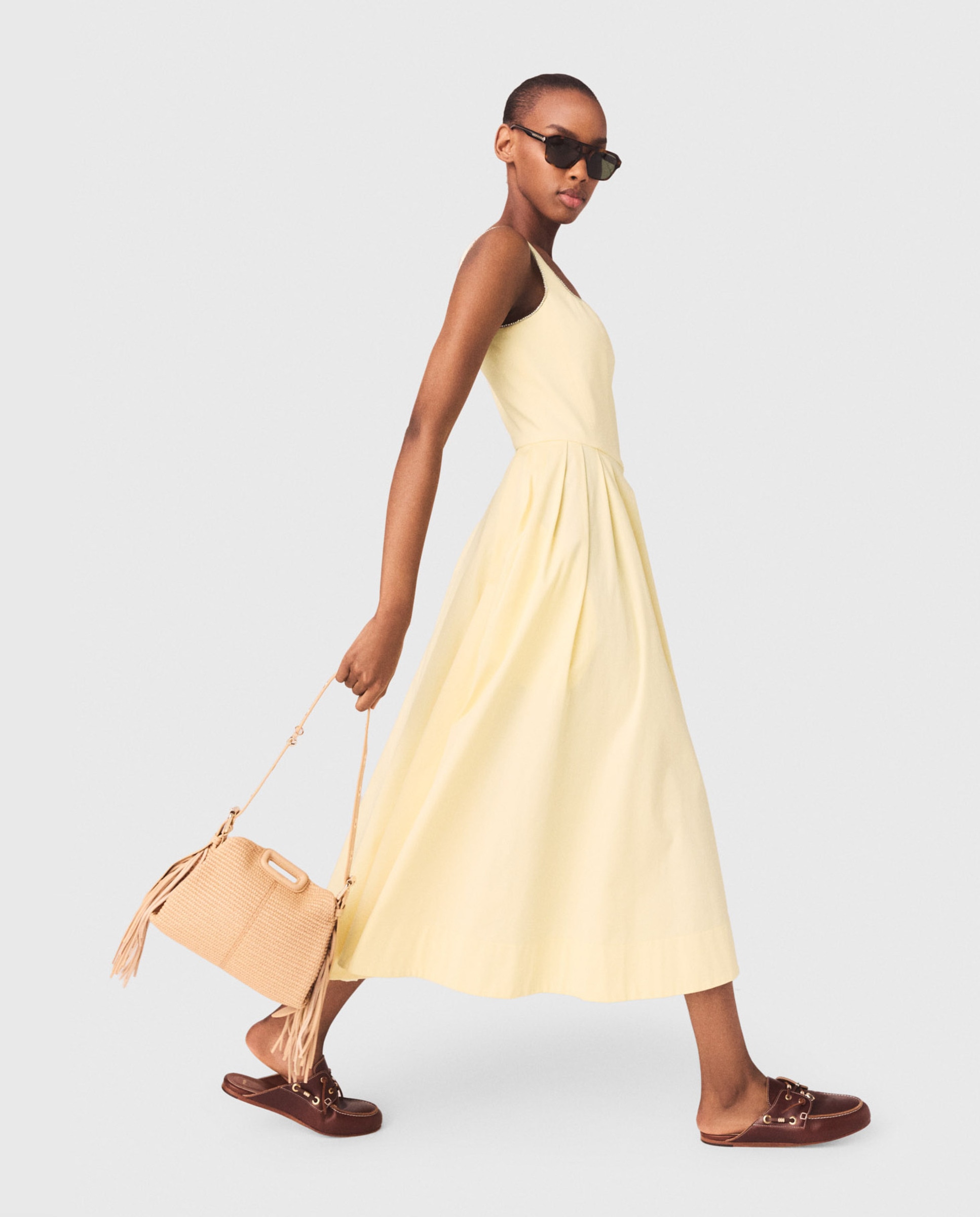 Vestido midi de algodón acampanado con strass y escote cuadrado - Maje - Amarillo Amarillo-3