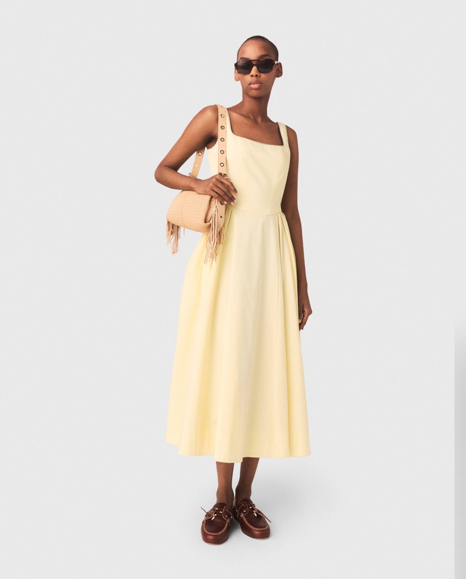 Vestido midi de algodón acampanado con strass y escote cuadrado - Maje - Amarillo Amarillo-5