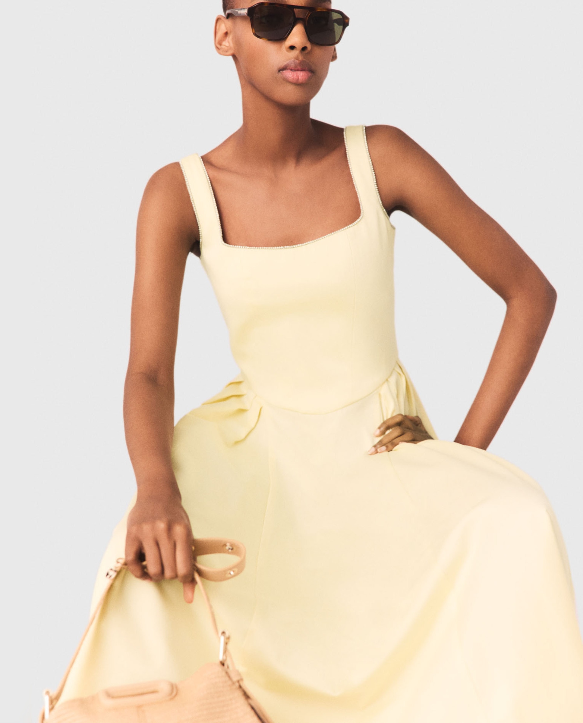 Vestido midi de algodón acampanado con strass y escote cuadrado - Maje - Amarillo Amarillo-6