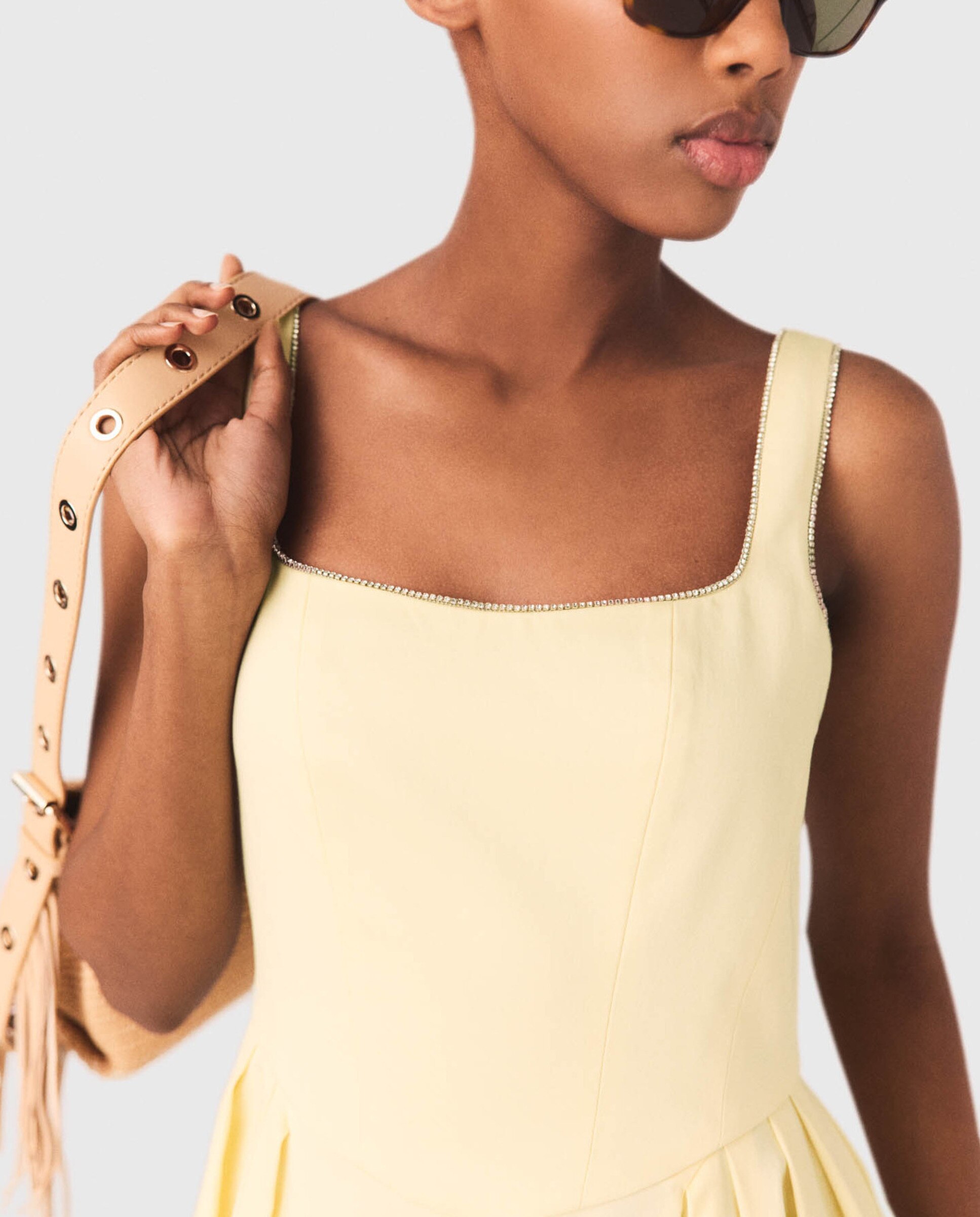 Vestido midi de algodón acampanado con strass y escote cuadrado - Maje - Amarillo Amarillo-7