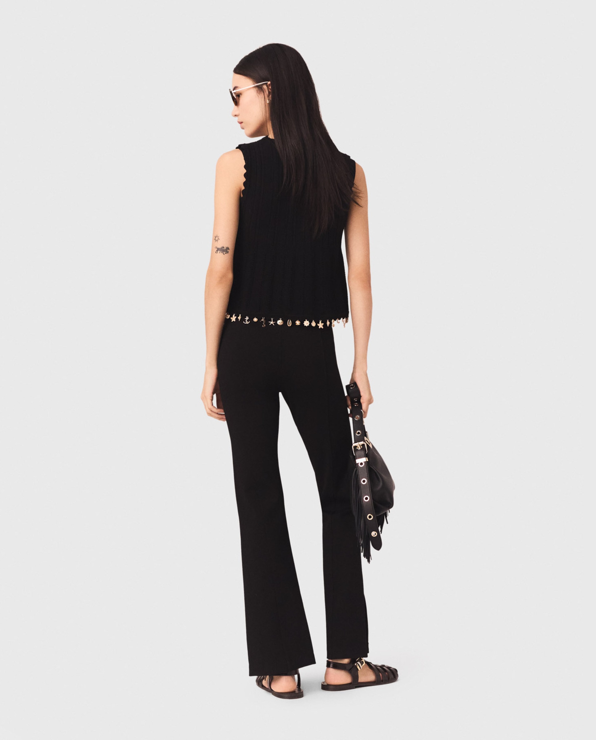 Pantalones de campana de mujer elegantes con abertura - Maje - Negro Negro-2
