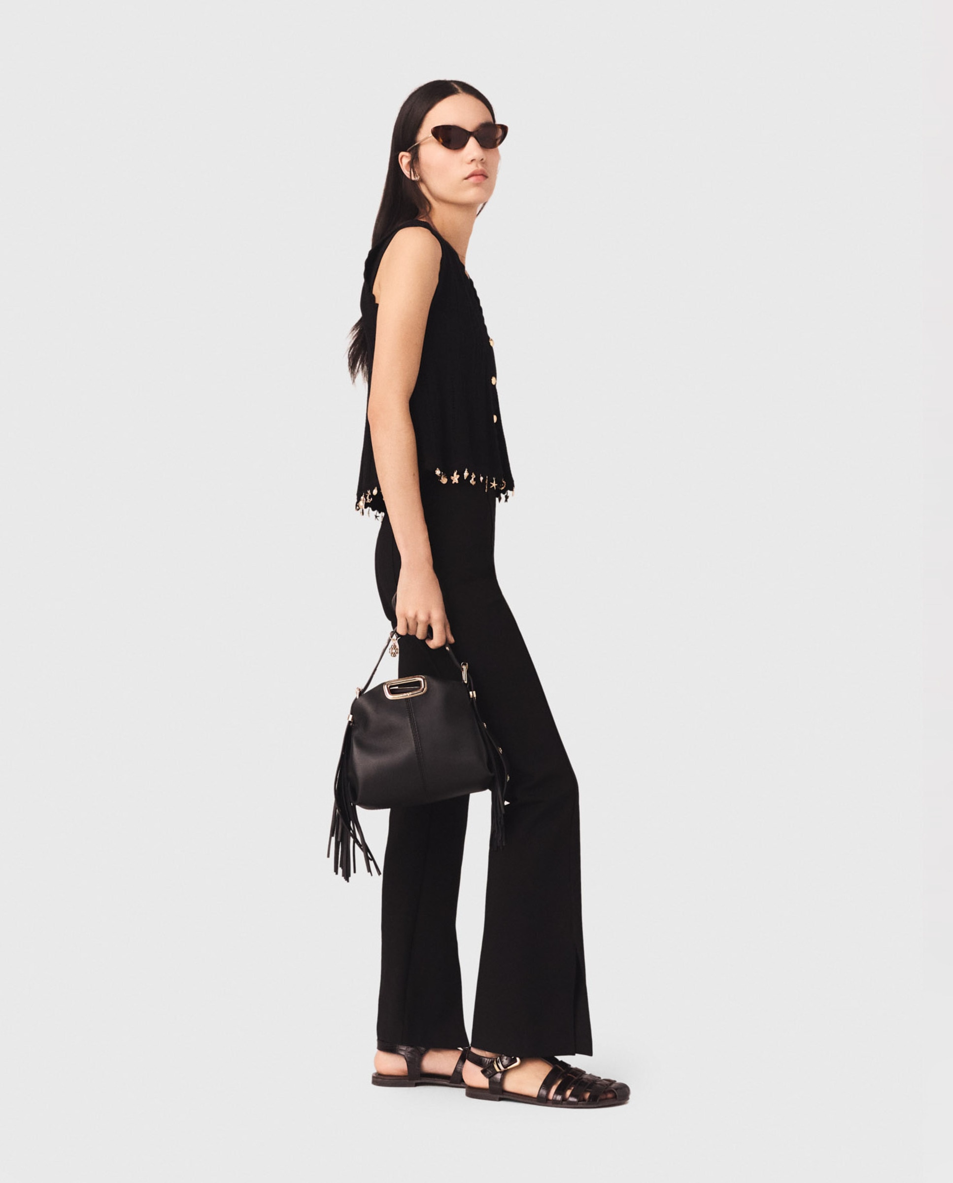 Pantalones de campana de mujer elegantes con abertura - Maje - Negro Negro-4