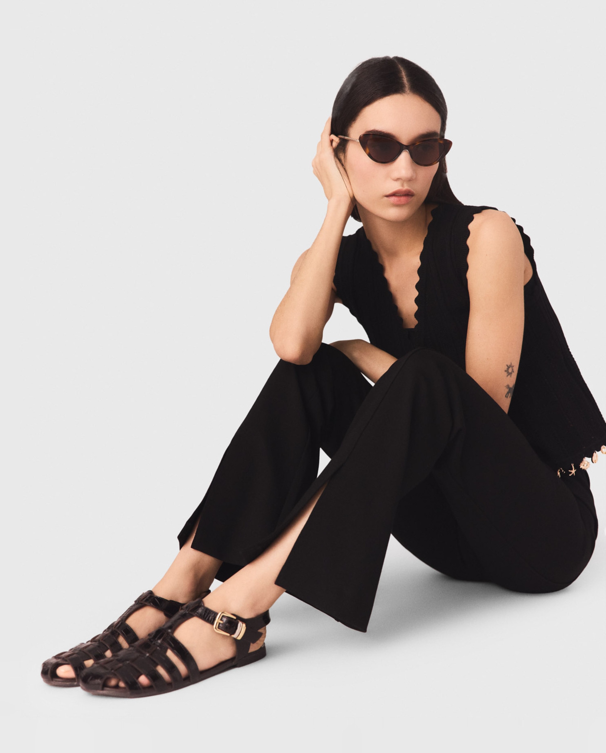 Pantalones de campana de mujer elegantes con abertura - Maje - Negro Negro-5