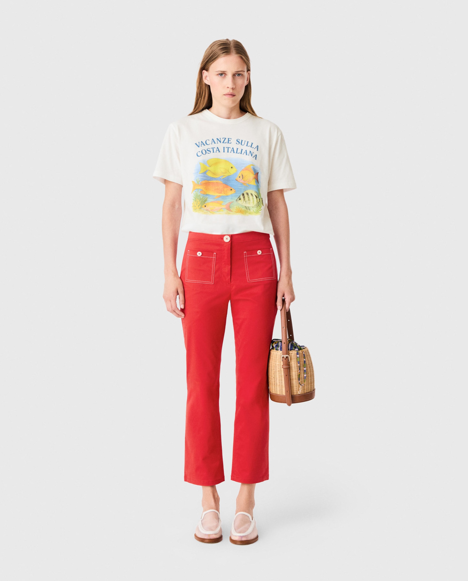 Maje - Pantalones rectos de mujer pirata talle alto 100% algodón.