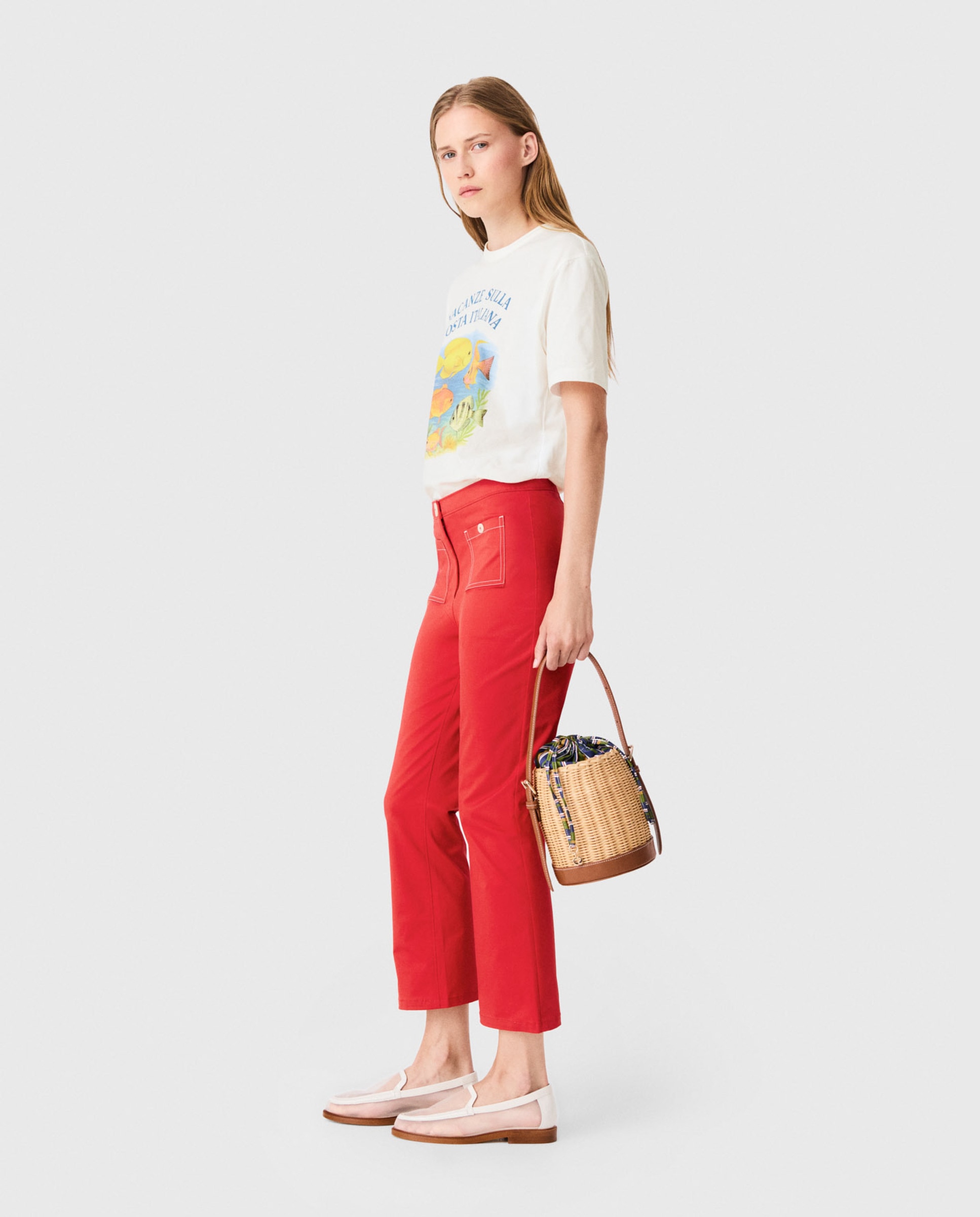Pantalones rectos de mujer pirata talle alto 100% algodón - Maje - Rojo Rojo-3