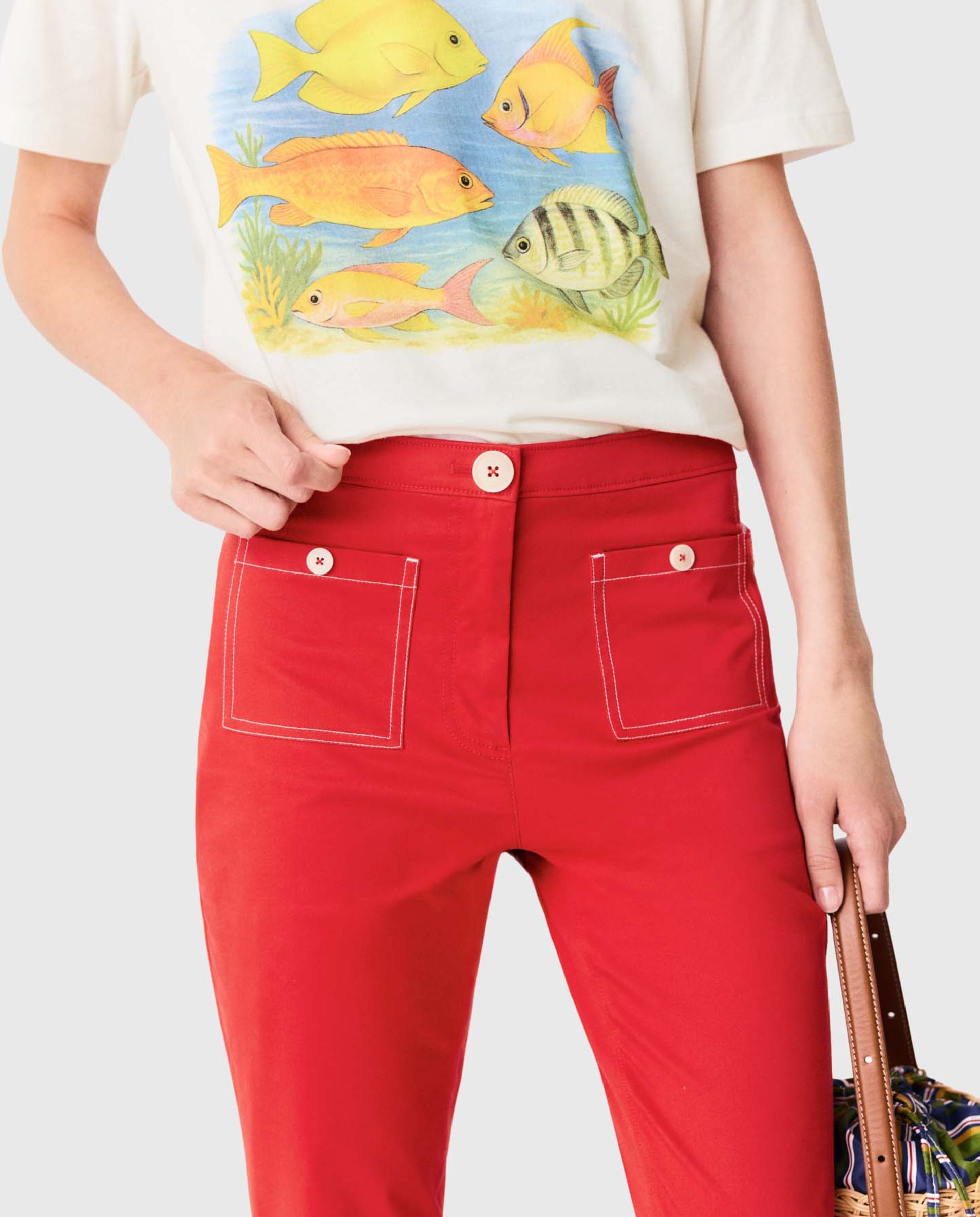 Pantalones rectos de mujer pirata talle alto 100% algodón - Maje - Rojo Rojo-4