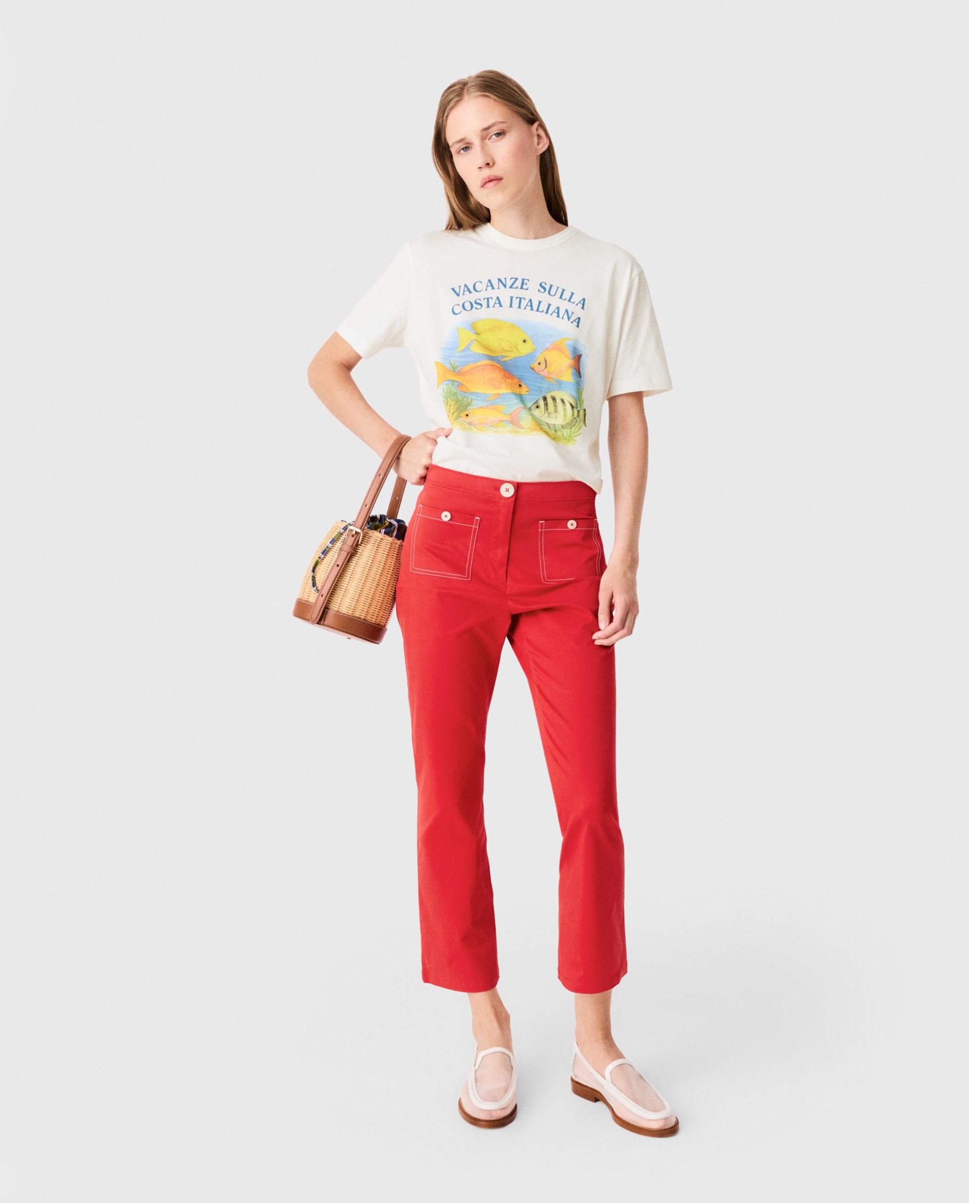 Pantalones rectos de mujer pirata talle alto 100% algodón - Maje - Rojo Rojo-5