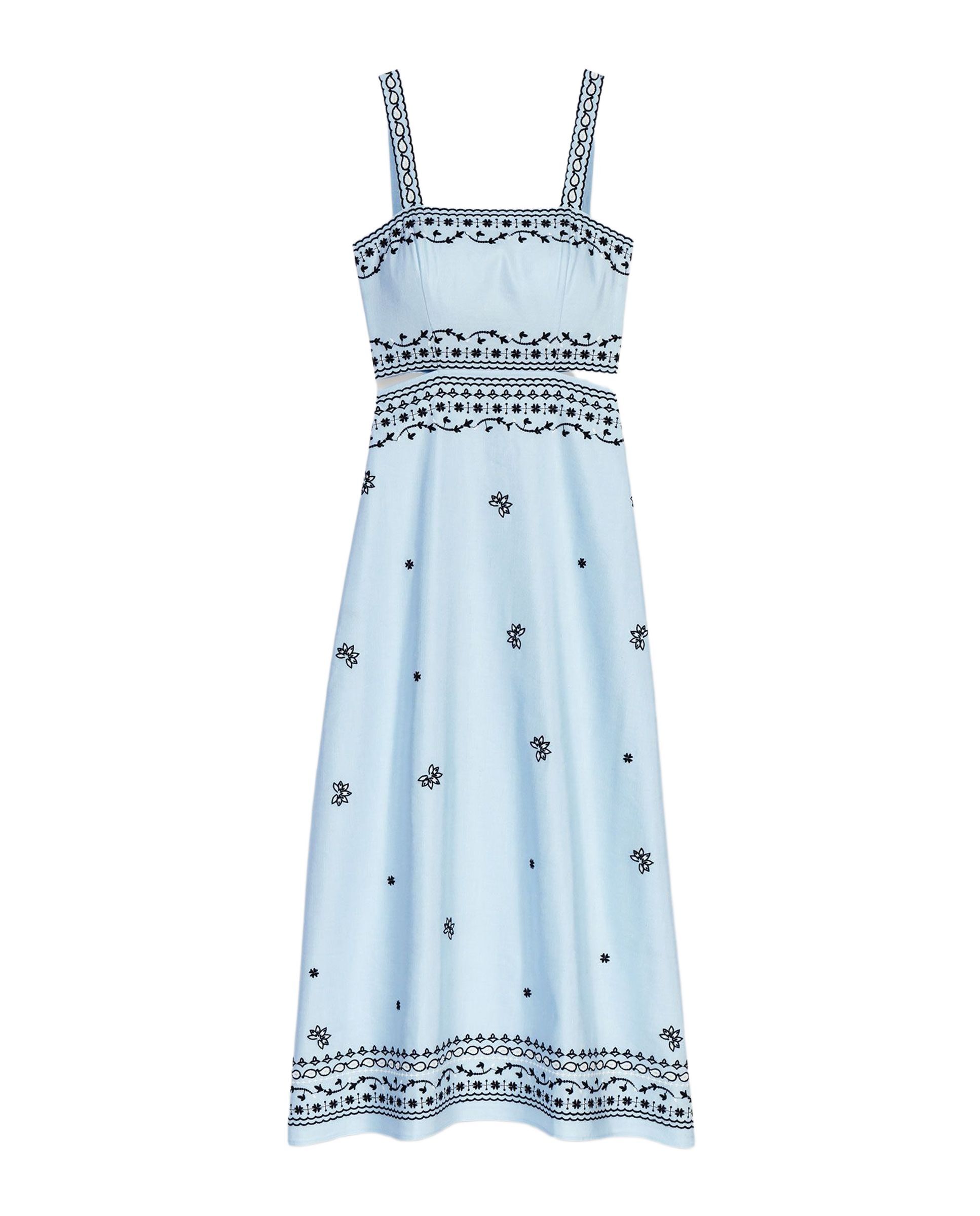 Vestido largo de lino con bordados, escote cuadrado y recortes - Maje - Azul claro Azul claro-8