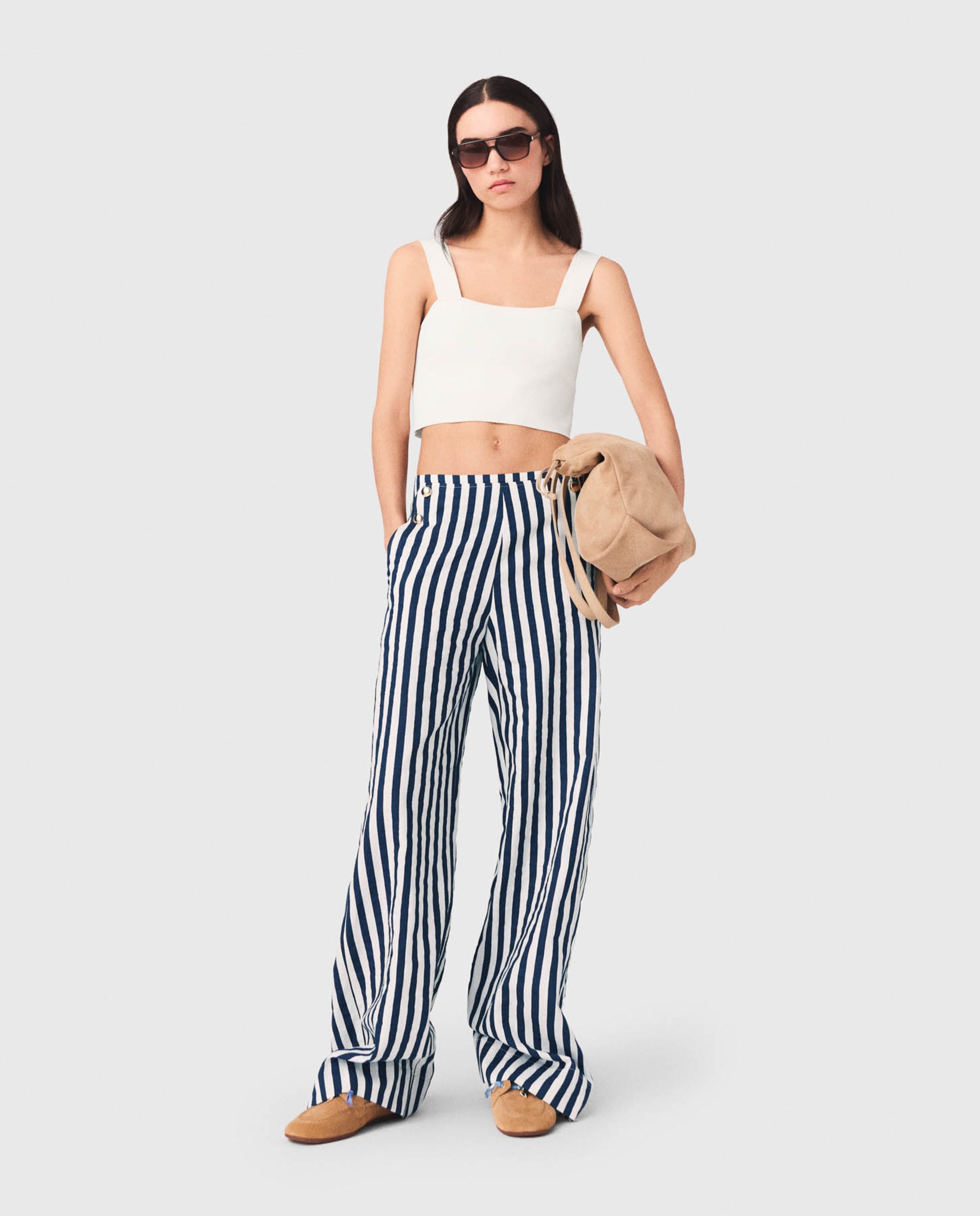Maje - Pantalones anchos de mujer con rayas de talle alto de crepé de lino.