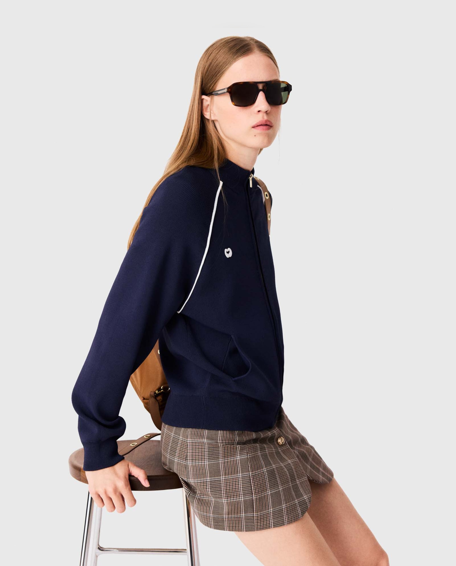 Cárdigan con cremallera de mujer estilo bomber y corte recto - Maje - Azul marino Azul marino-6