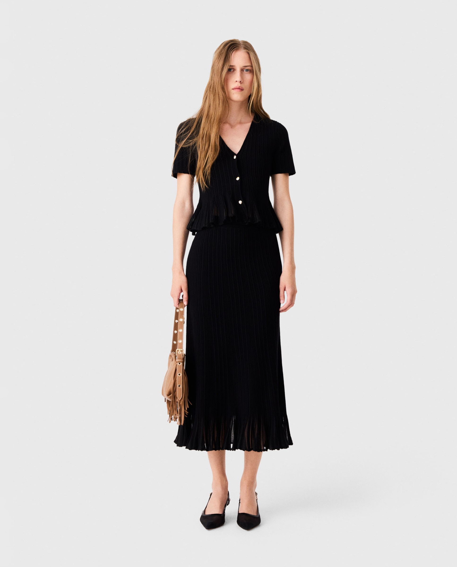 Falda midi de punto acampanada con bajo peplum calado - Maje - Negro Negro-1