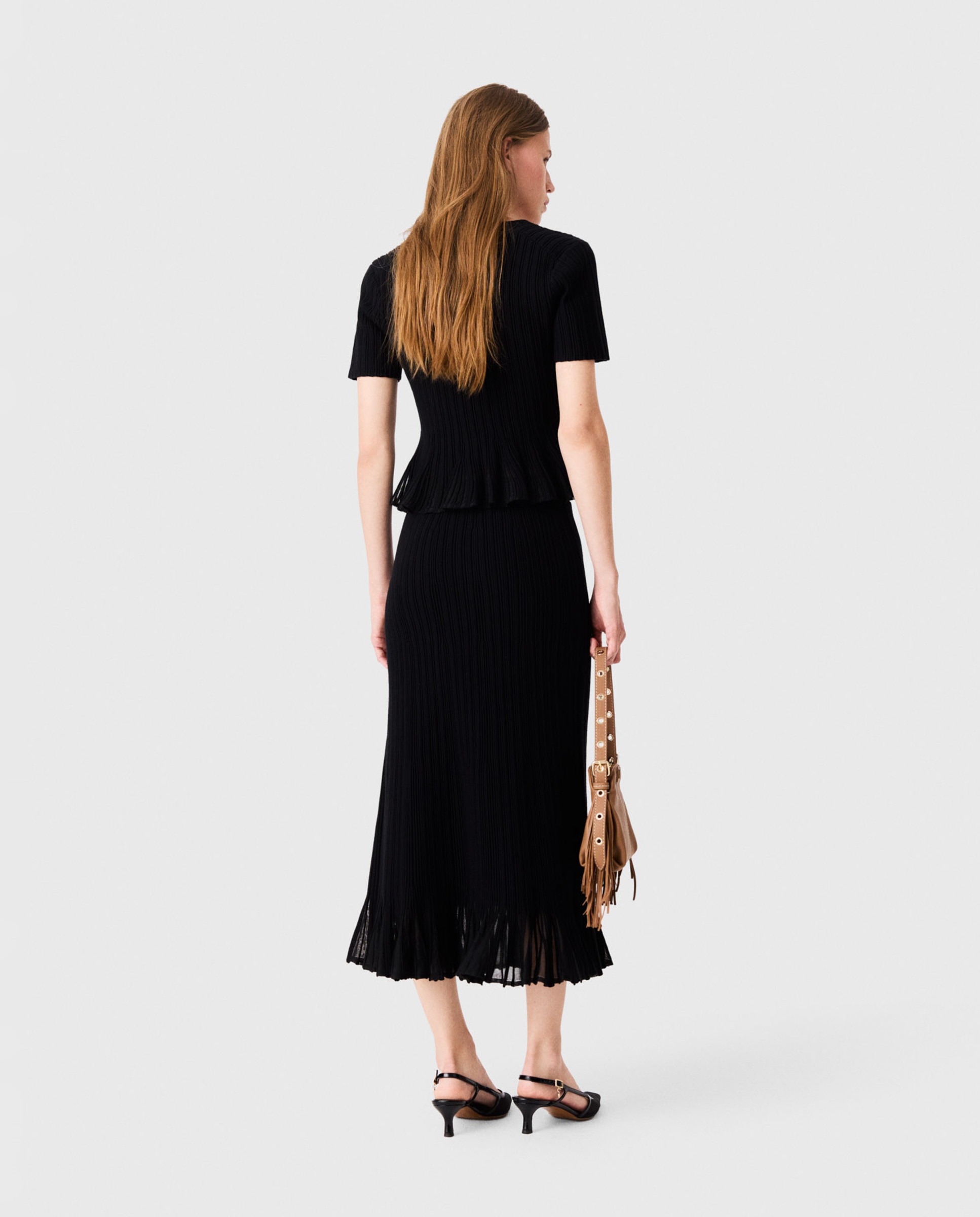 Falda midi de punto acampanada con bajo peplum calado - Maje - Negro Negro-3
