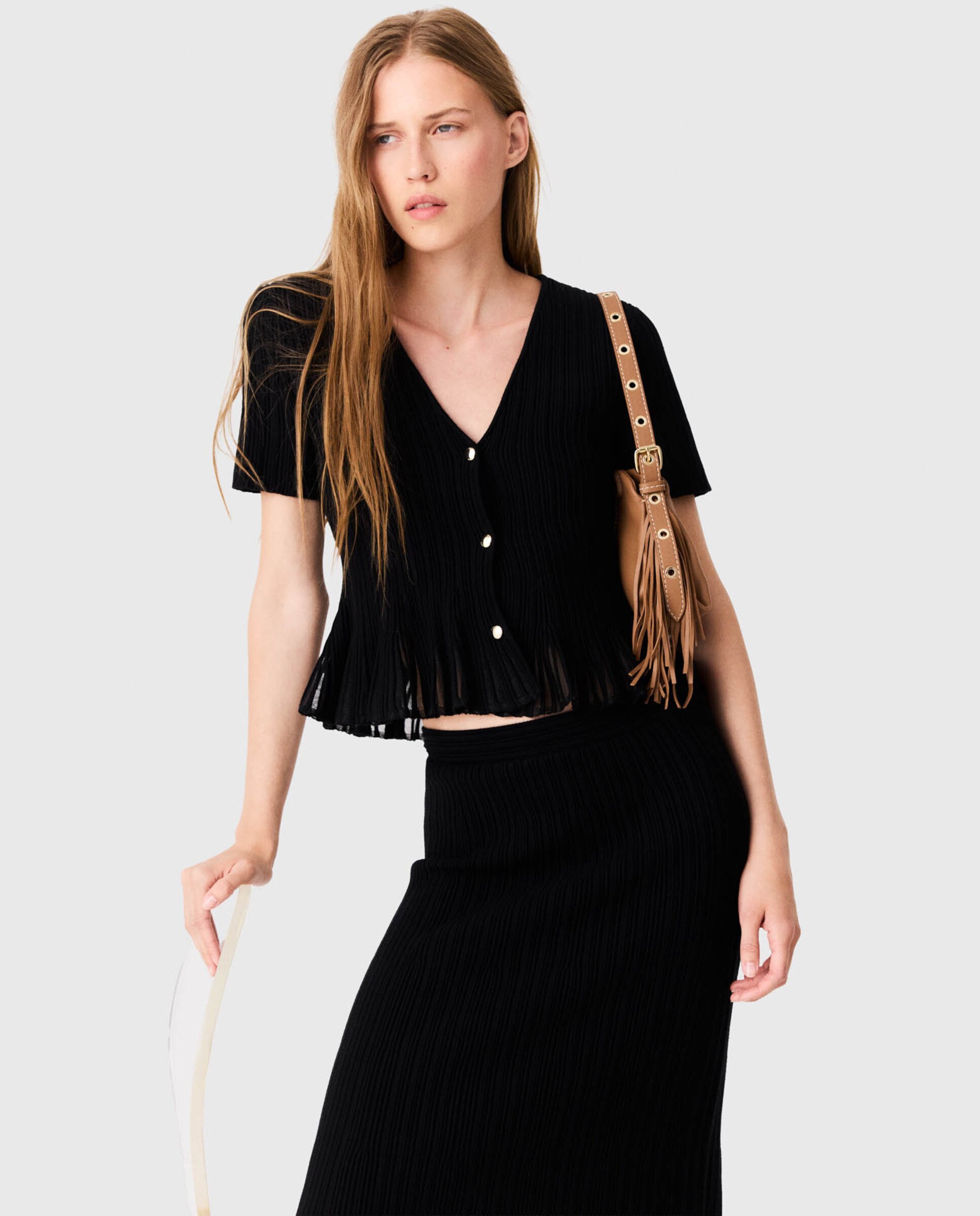 Cárdigan de mujer corto con peplum calado - Maje - Negro Negro-1
