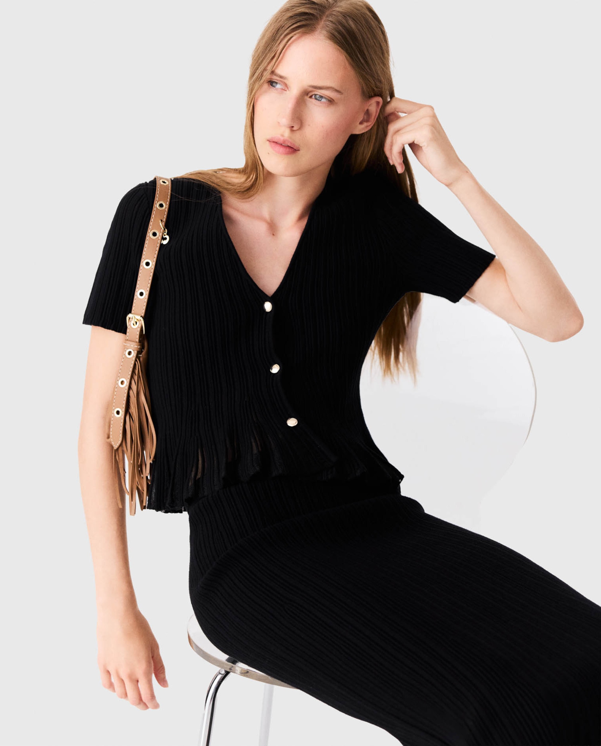 Cárdigan de mujer corto con peplum calado - Maje - Negro Negro-5