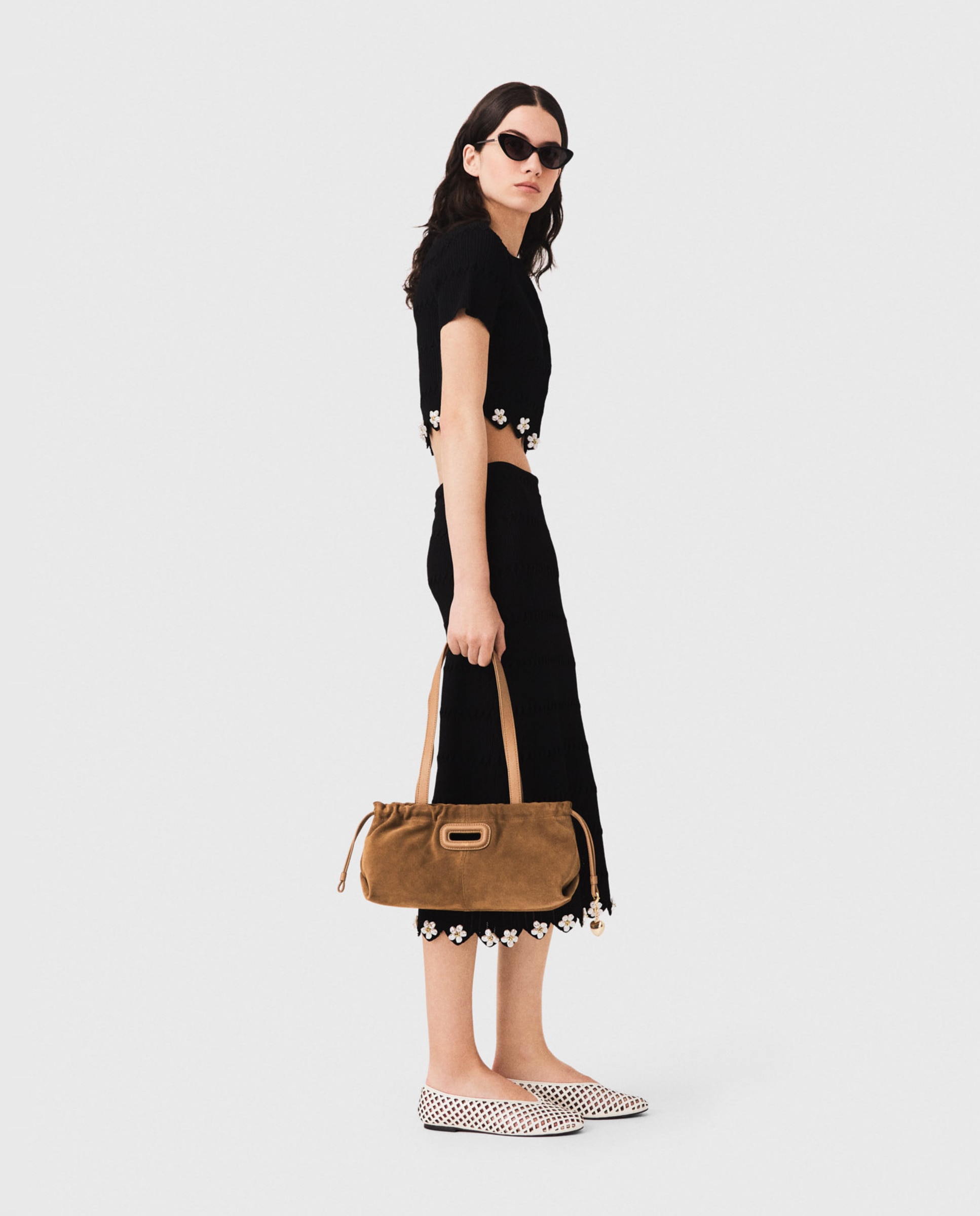 Cárdigan de punto corto de mujer con flores y perlas - Maje - Negro Negro-3