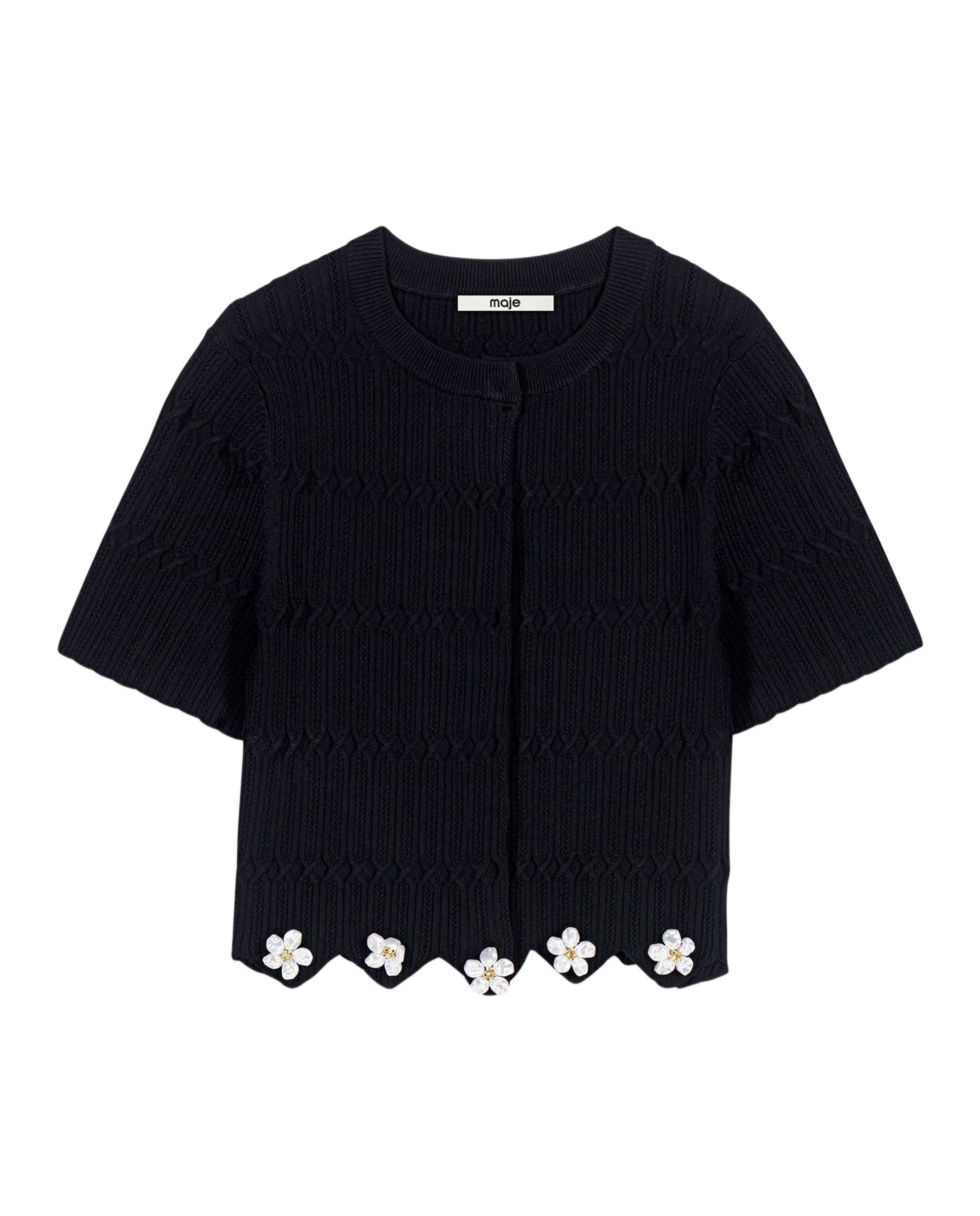 Cárdigan de punto corto de mujer con flores y perlas - Maje - Negro Negro-7