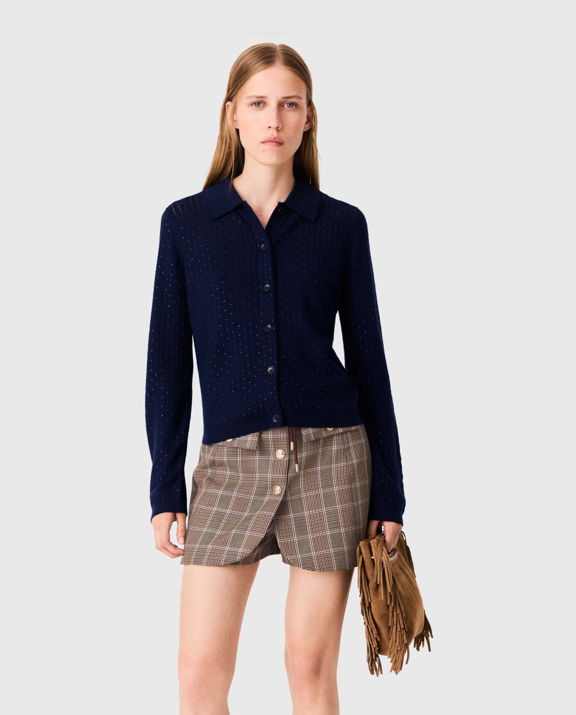 Cárdigan de punto de mujer con cuello polo y strass - Maje - Azul marino Azul marino-1