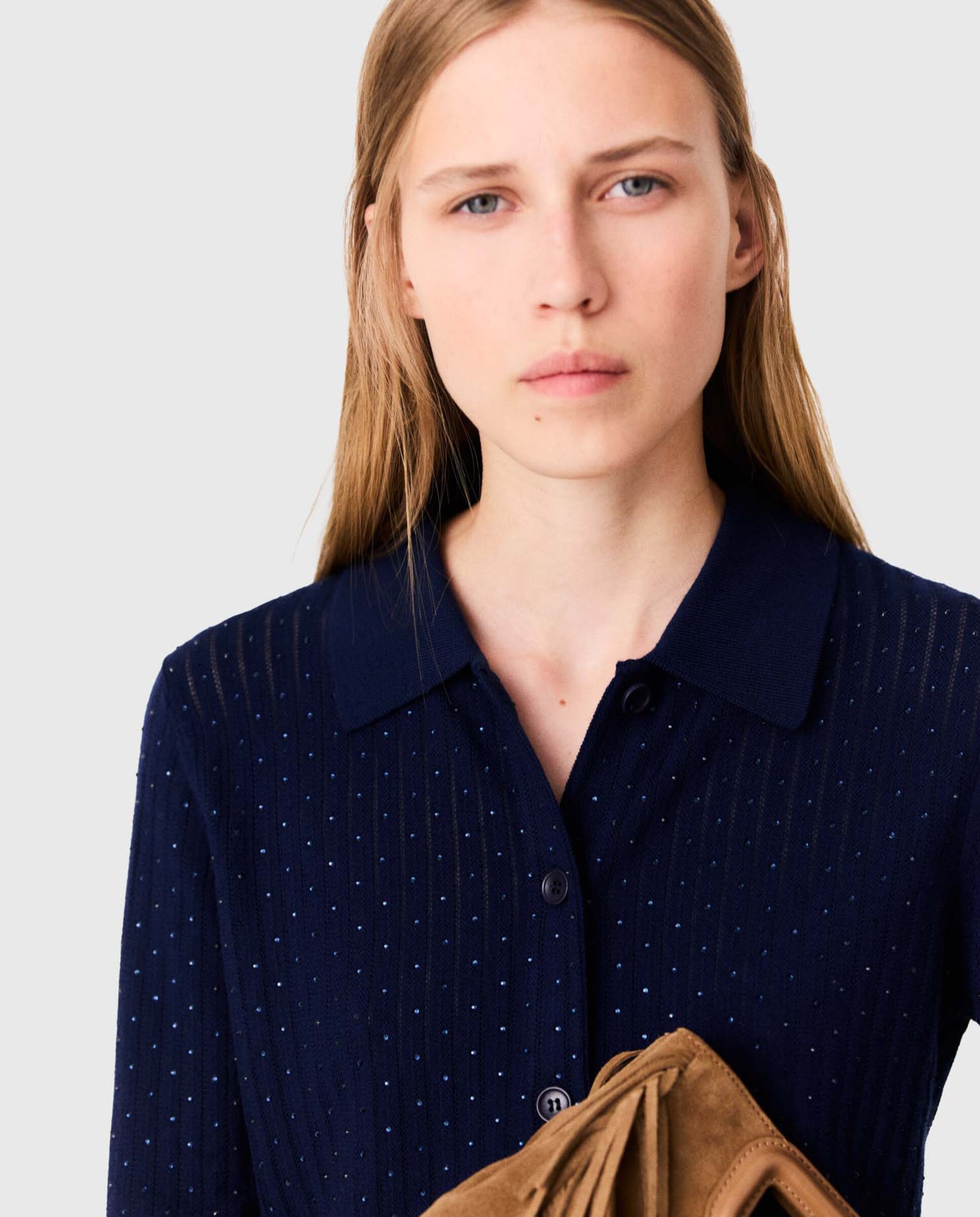 Cárdigan de punto de mujer con cuello polo y strass - Maje - Azul marino Azul marino-6