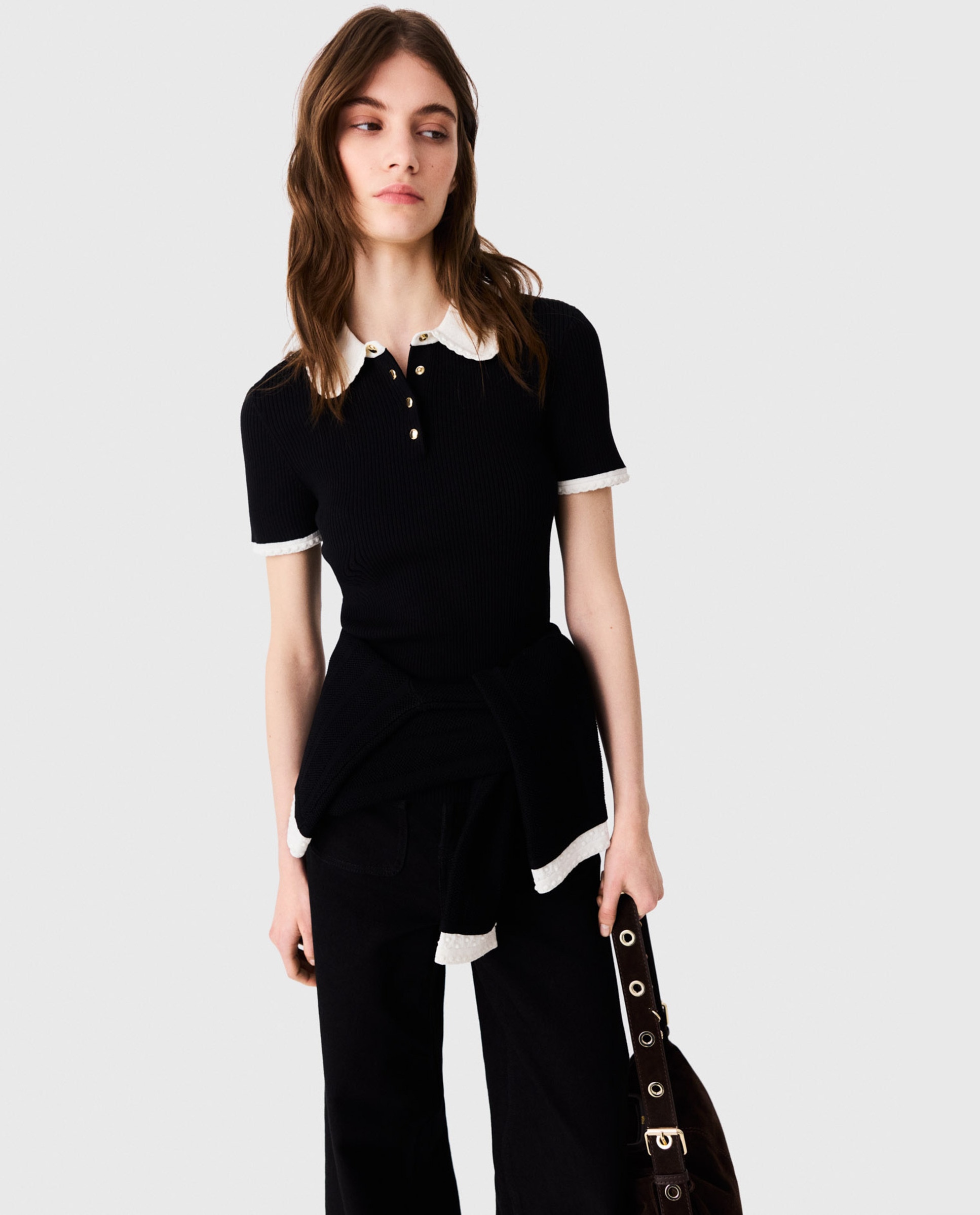 Polo de punto acanalado de mujer de manga corta - Maje - Negro Negro-1