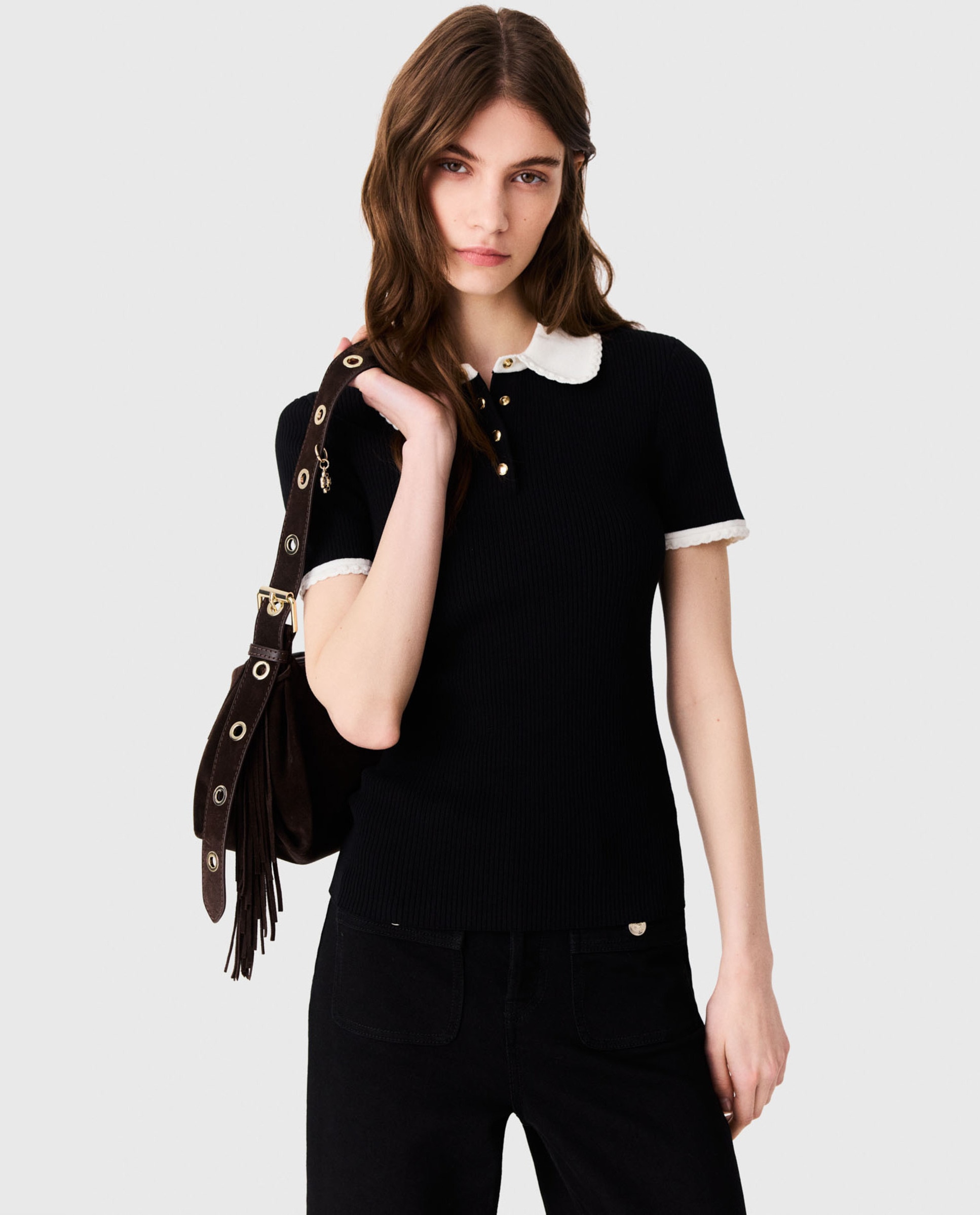 Polo de punto acanalado de mujer de manga corta - Maje - Negro Negro-5