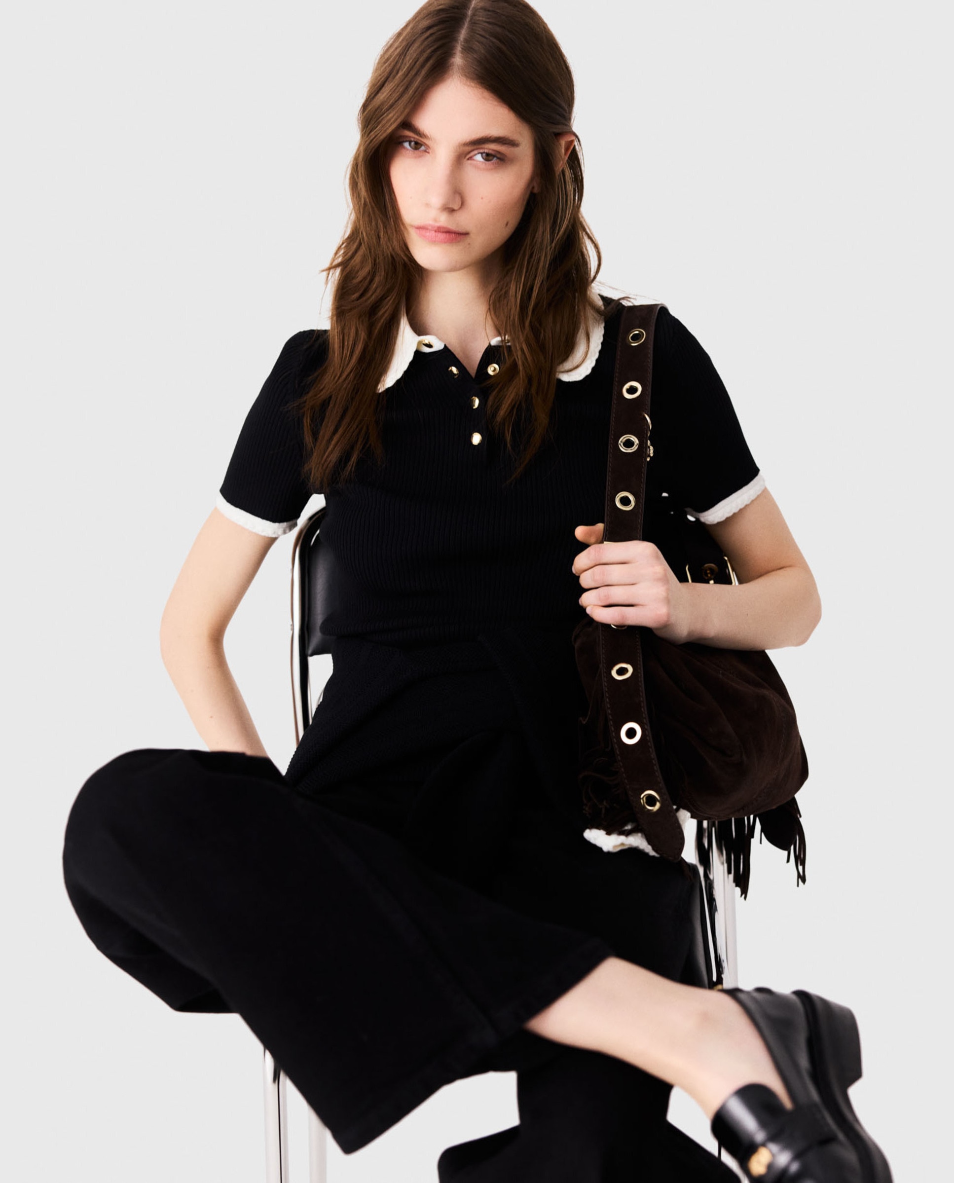 Polo de punto acanalado de mujer de manga corta - Maje - Negro Negro-6