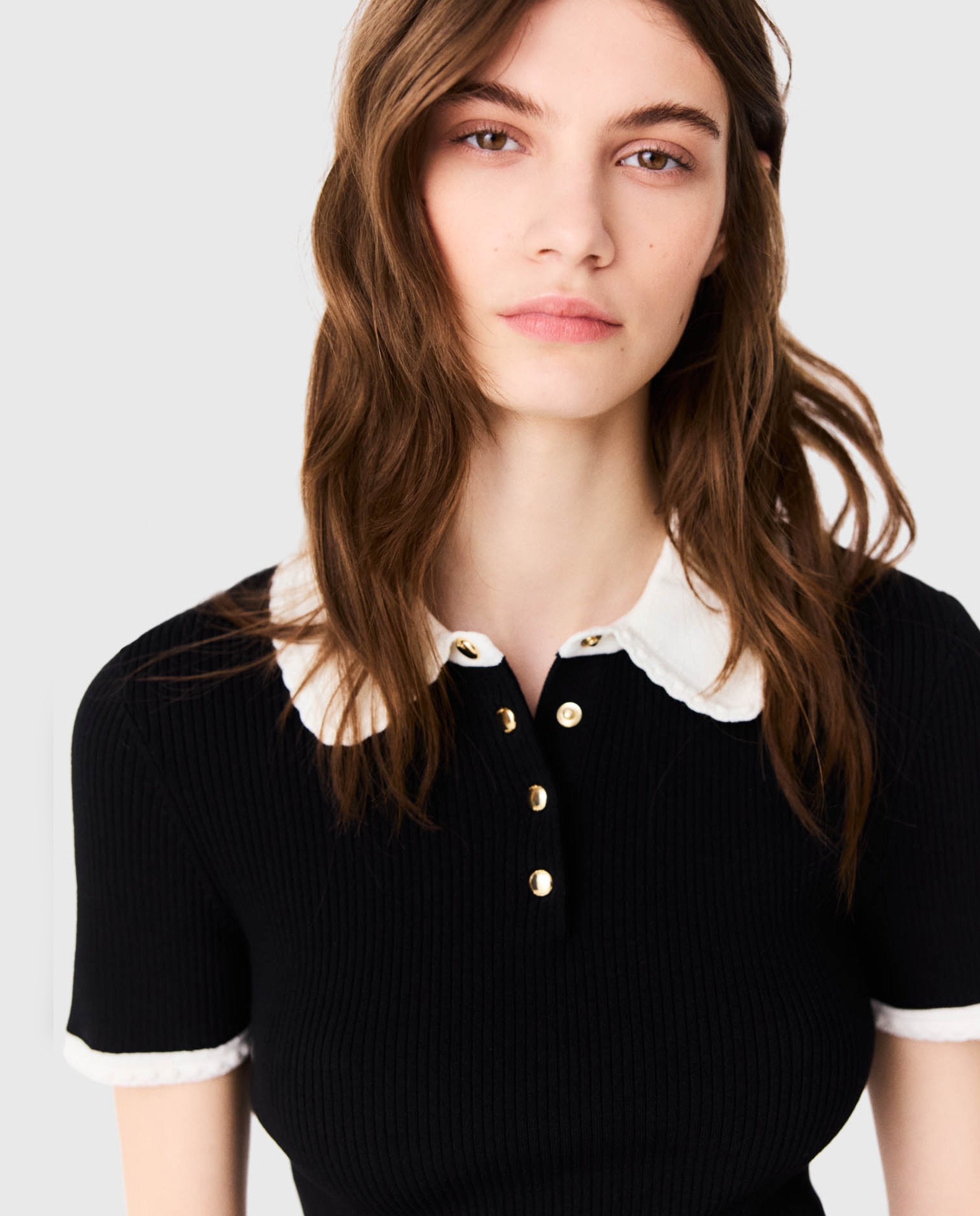 Polo de punto acanalado de mujer de manga corta - Maje - Negro Negro-7