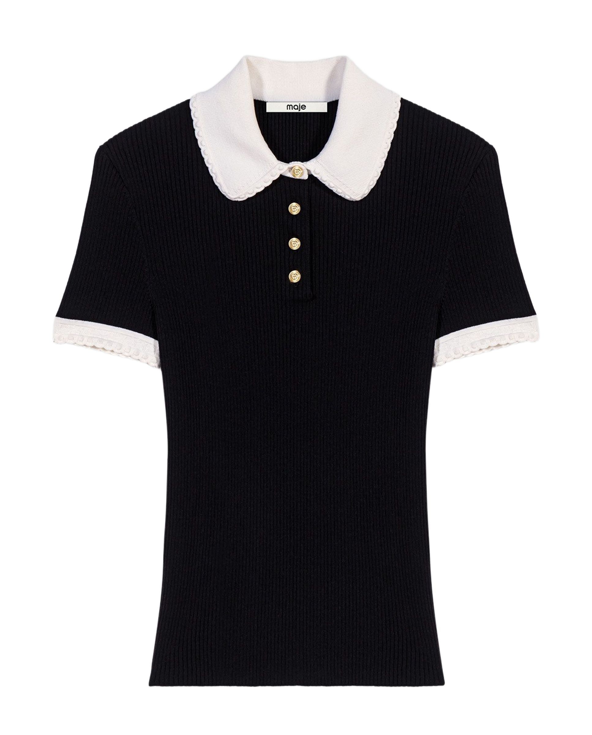 Polo de punto acanalado de mujer de manga corta - Maje - Negro Negro-8