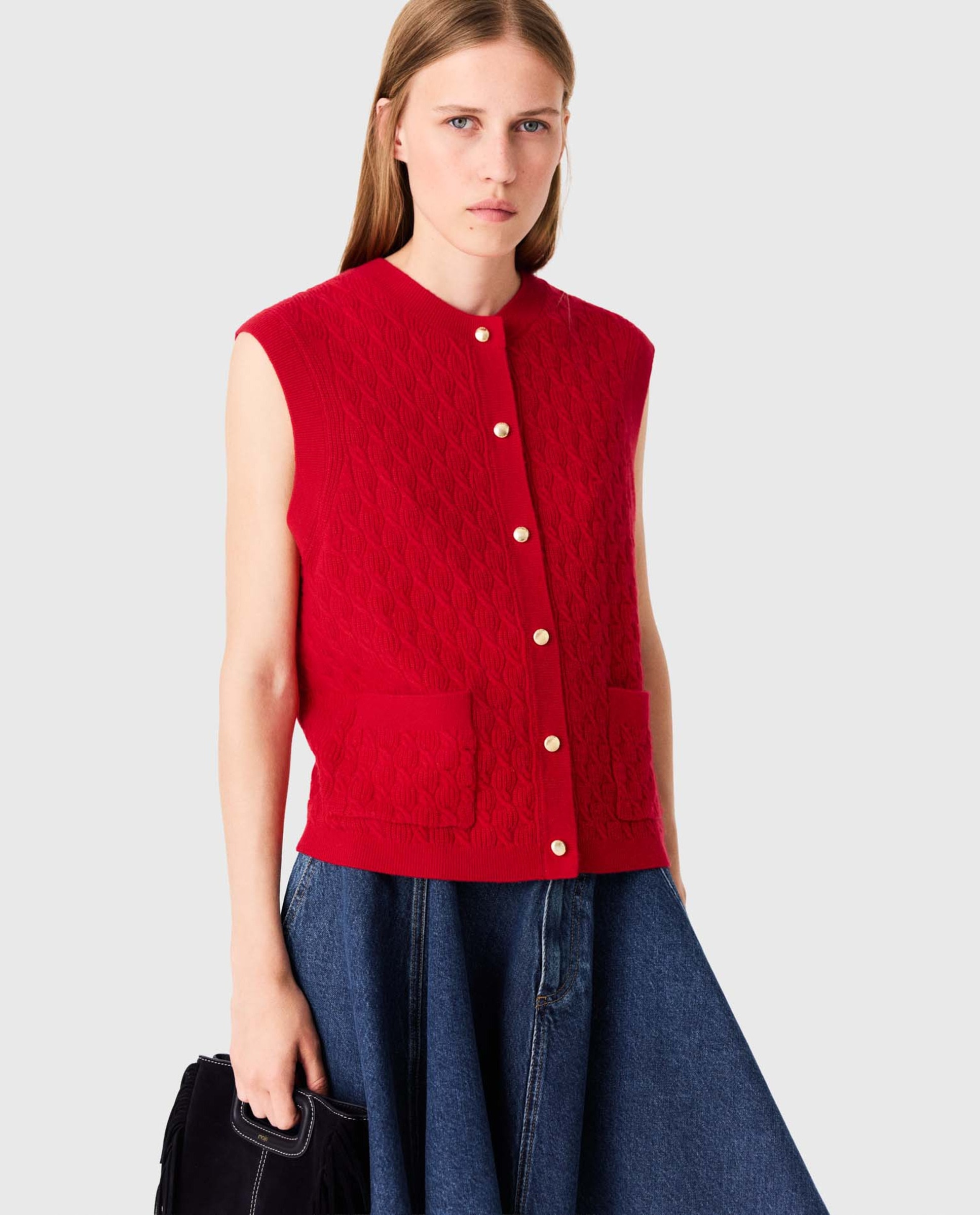 Top de mujer sin mangas de punto texturizado con lana y cachemira - Maje - Rojo Rojo-1