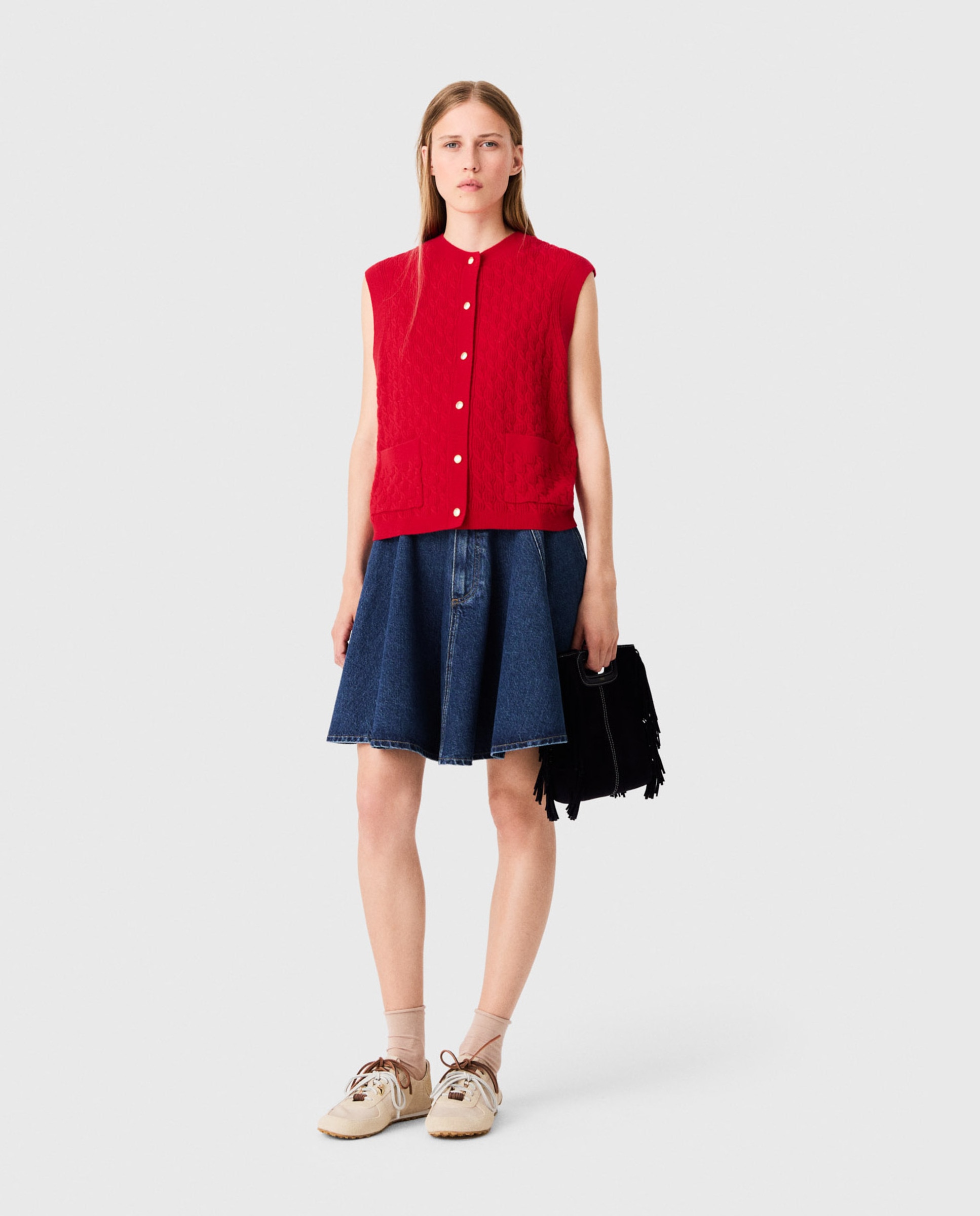 Top de mujer sin mangas de punto texturizado con lana y cachemira - Maje - Rojo Rojo-4