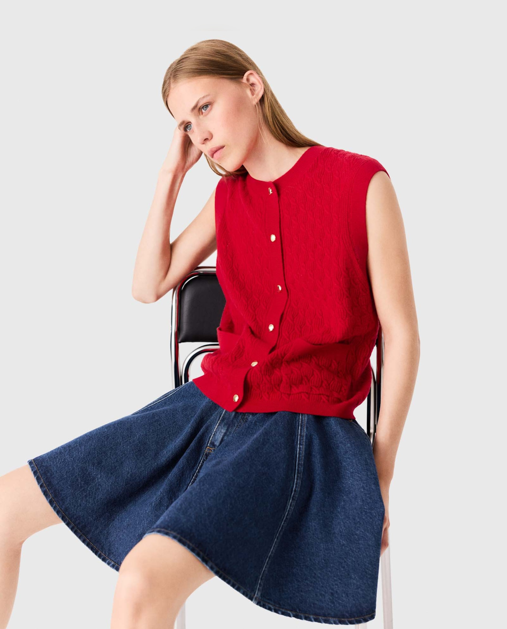 Top de mujer sin mangas de punto texturizado con lana y cachemira - Maje - Rojo Rojo-5