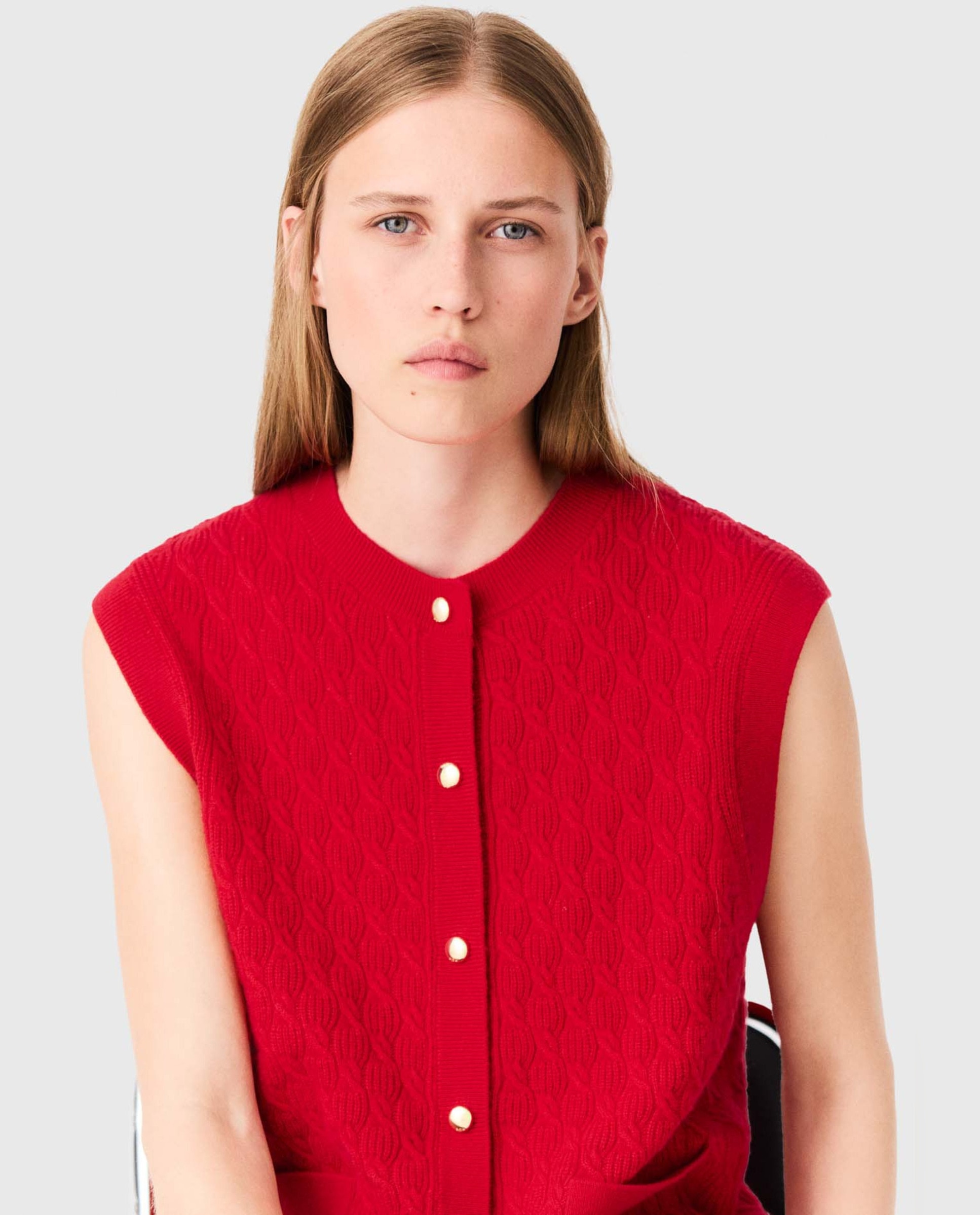 Top de mujer sin mangas de punto texturizado con lana y cachemira - Maje - Rojo Rojo-6