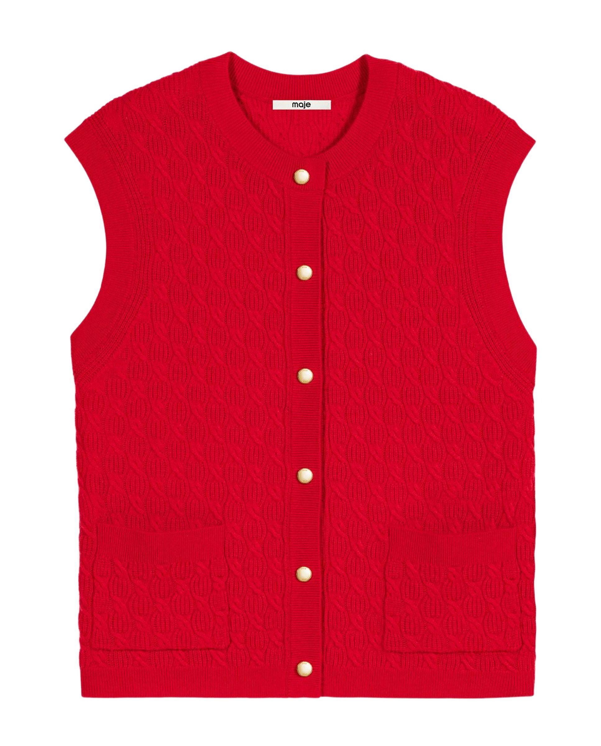 Top de mujer sin mangas de punto texturizado con lana y cachemira - Maje - Rojo Rojo-7