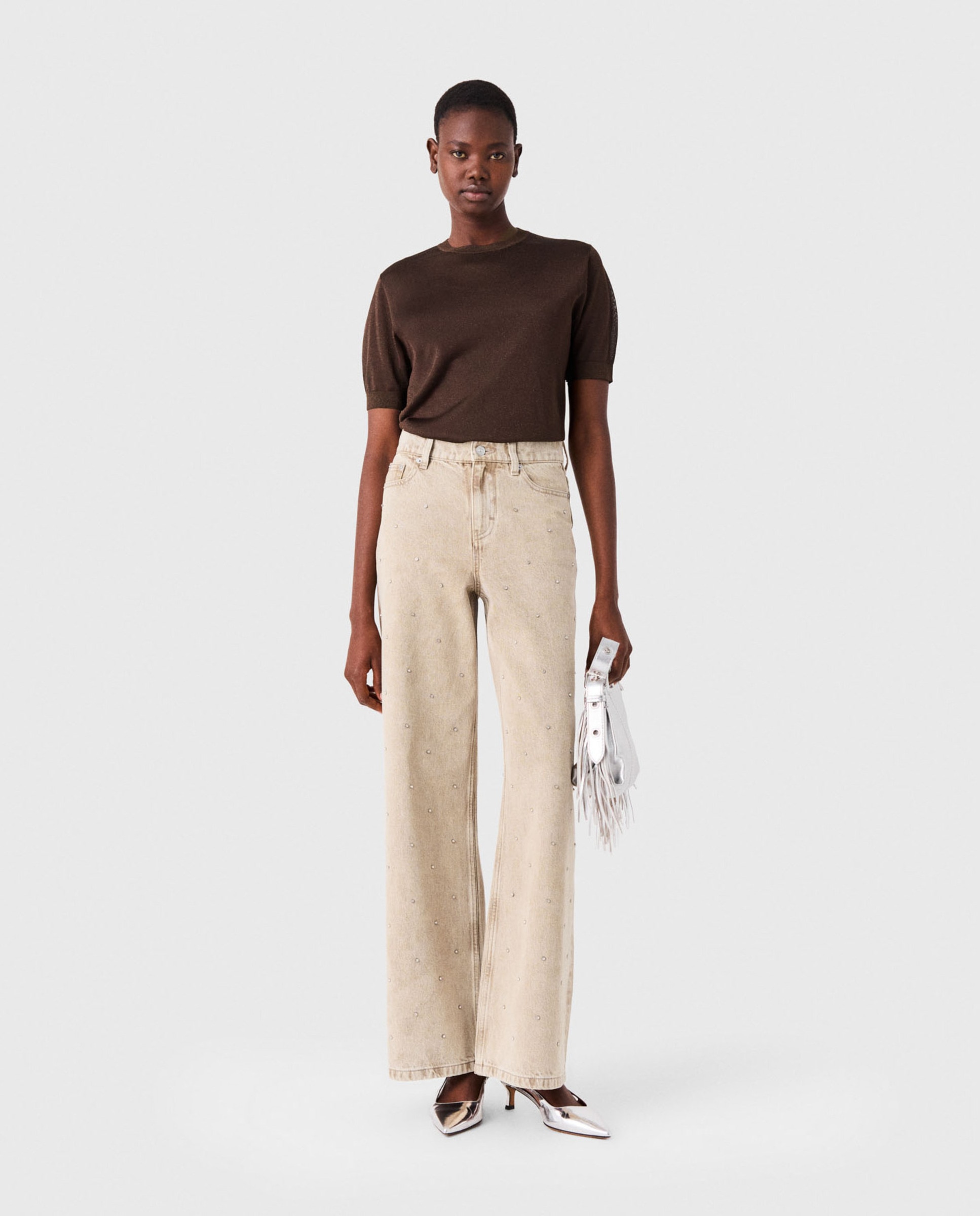 Vaquero de mujer ancho de algodón con strass - Maje - Beige Beige-1