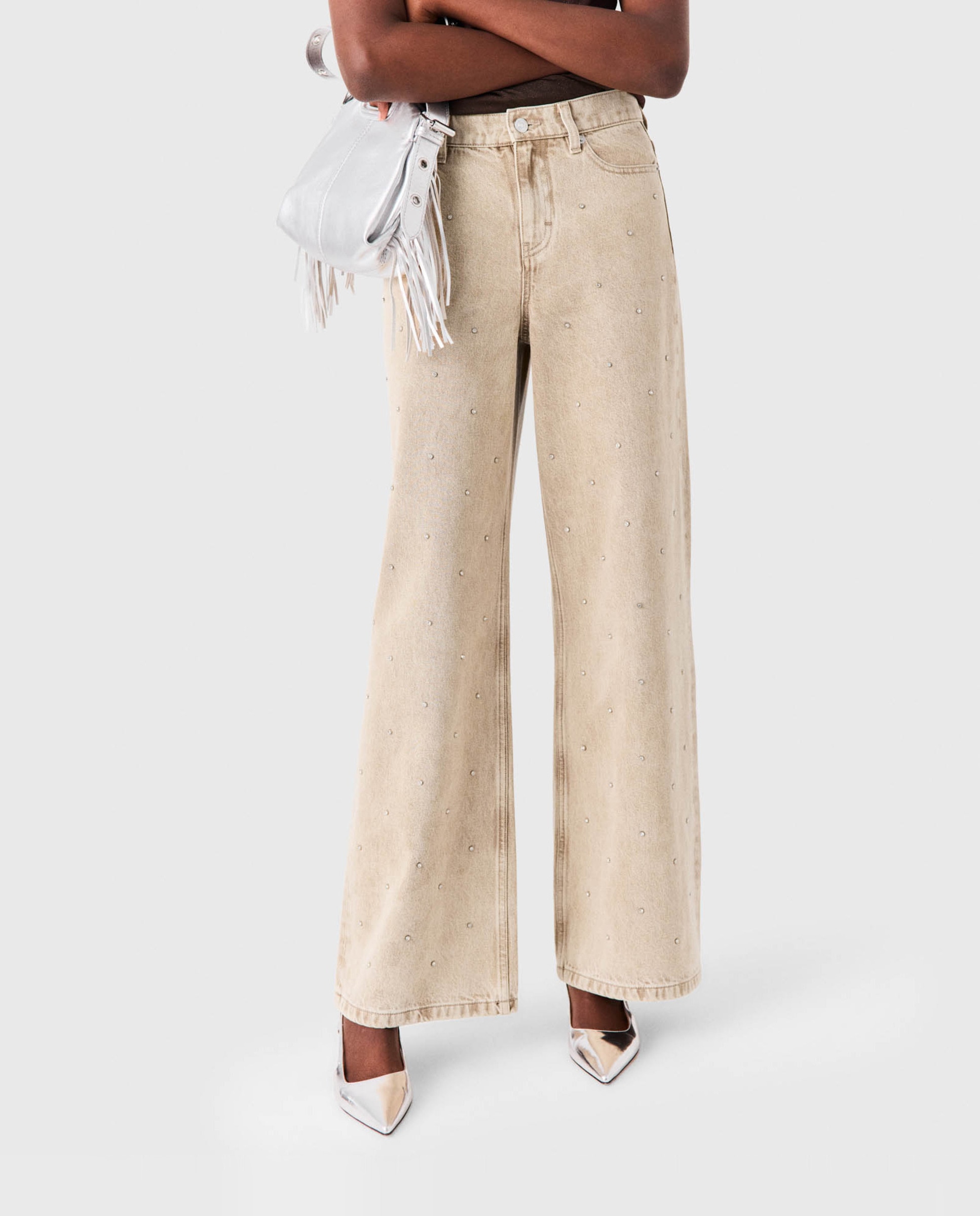 Vaquero de mujer ancho de algodón con strass - Maje - Beige Beige-2